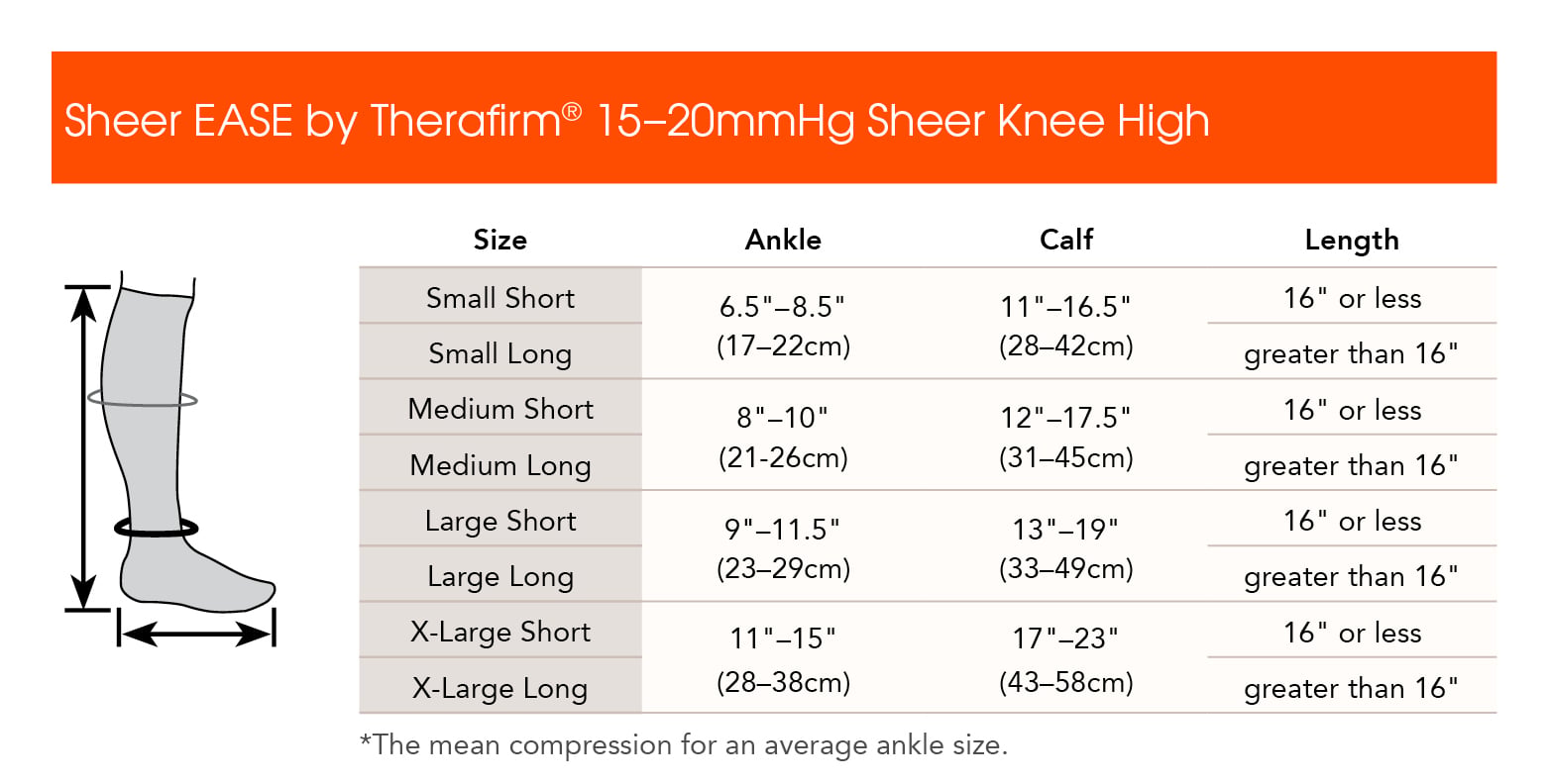 EASE Womens 15-20 mmHg Sheer Knee Highs - manufacturer measurement chart