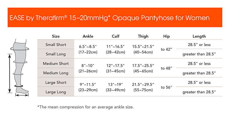 EASE Womens 15-20 mmHg Opaque Pantyhose - manufacturer measurement chart