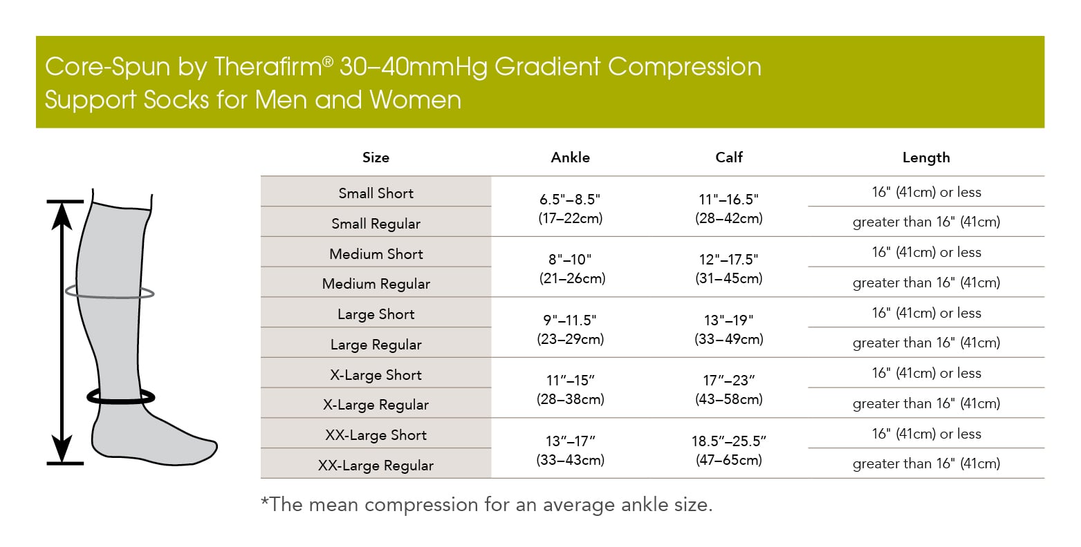 Core-Spun 30-40 mmHg Knee High Compression Socks - Khaki - Size chart
