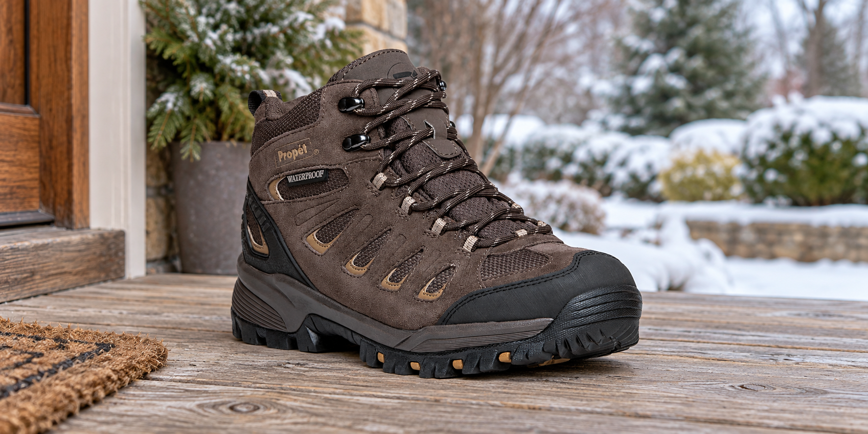 Illustrative scene featuring the brown Propet Ridge Walker boot beside a winter garden