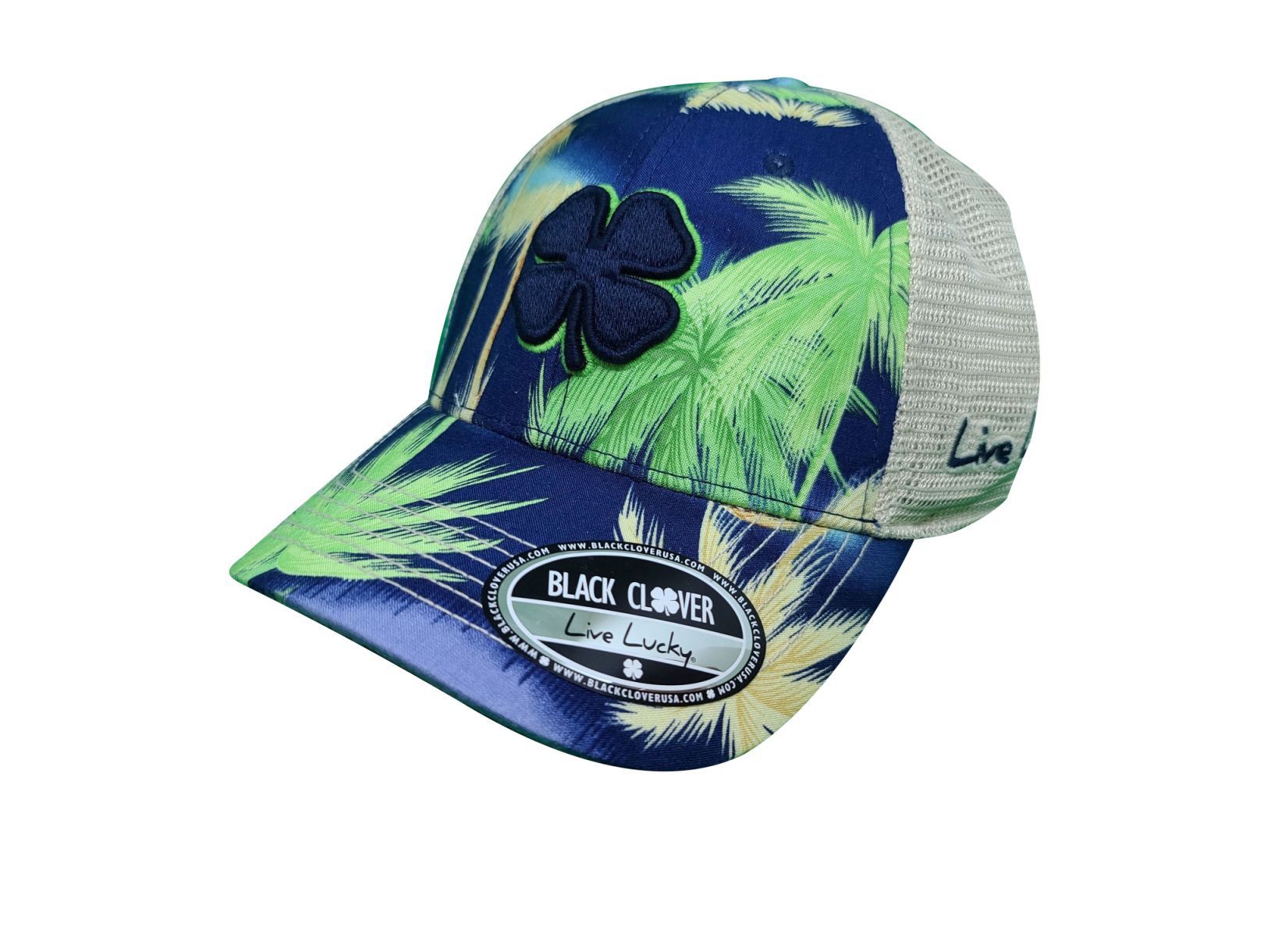 Black Clover Island Luck Hat - Tropical Adjustable Snapback - Unisex -  2 - Navy / Lime / Khaki Mesh