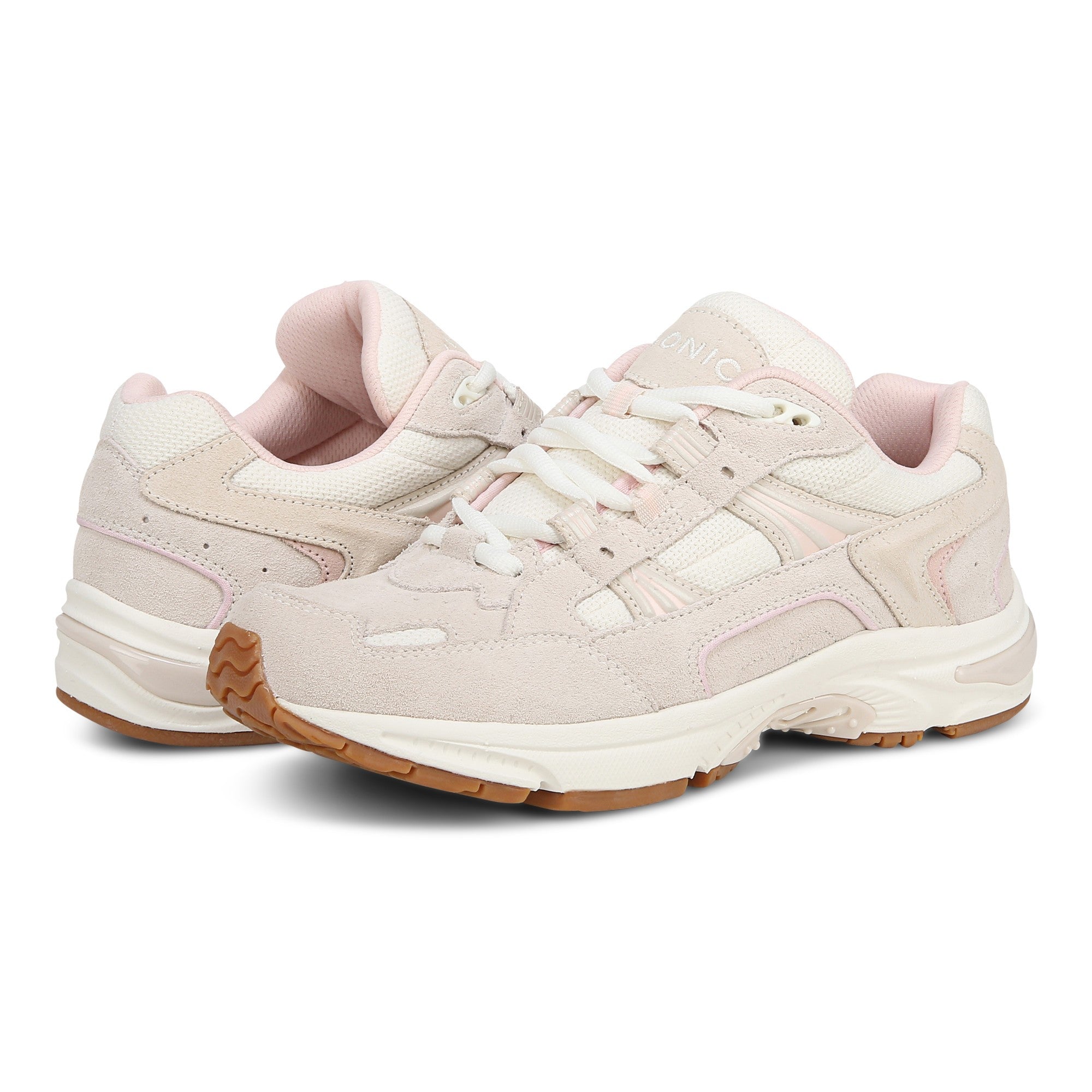 Vionic Walker Women's Plantar Fasciitis Shoe - Suede - Cream/peach - pair left angle