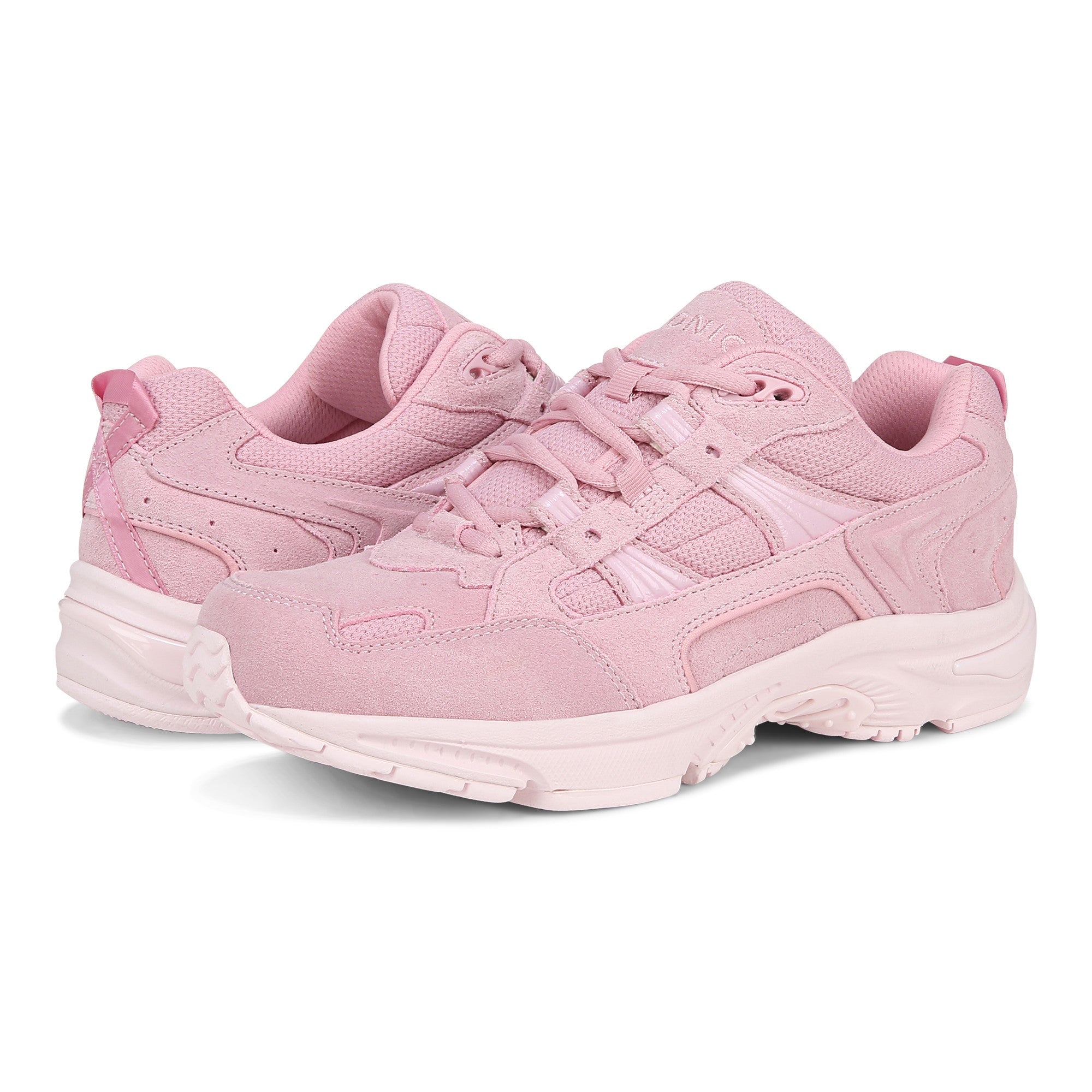Vionic Walker Women's Plantar Fasciitis Shoe - Suede - Cameo Pink Suede - pair left angle