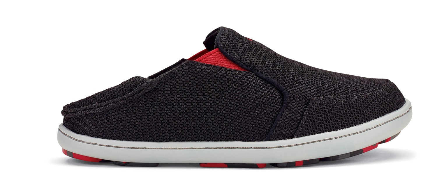 OluKai Nohea Mesh - Boy's Supportive Shoes - Black / Deep Red - Drop-In-Heel