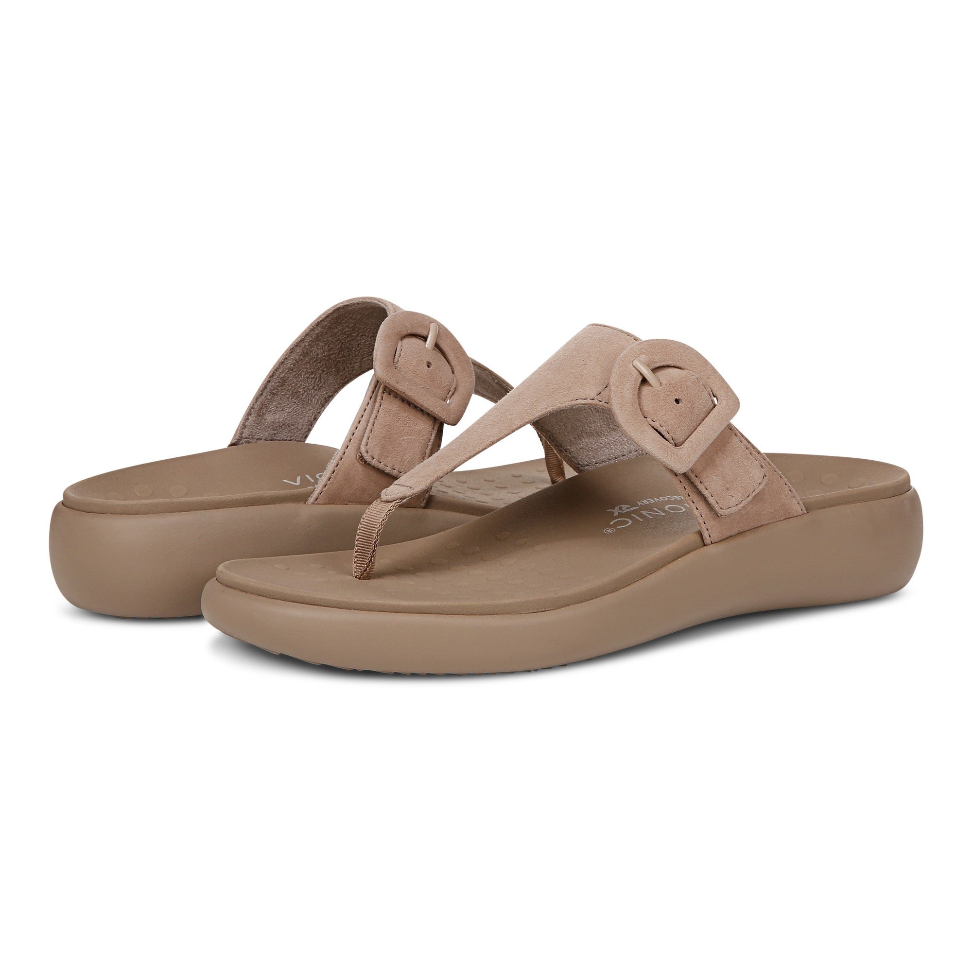 Vionic Activate RX Women's Toe Post Casual Soft Sandal - Taupe - pair left angle