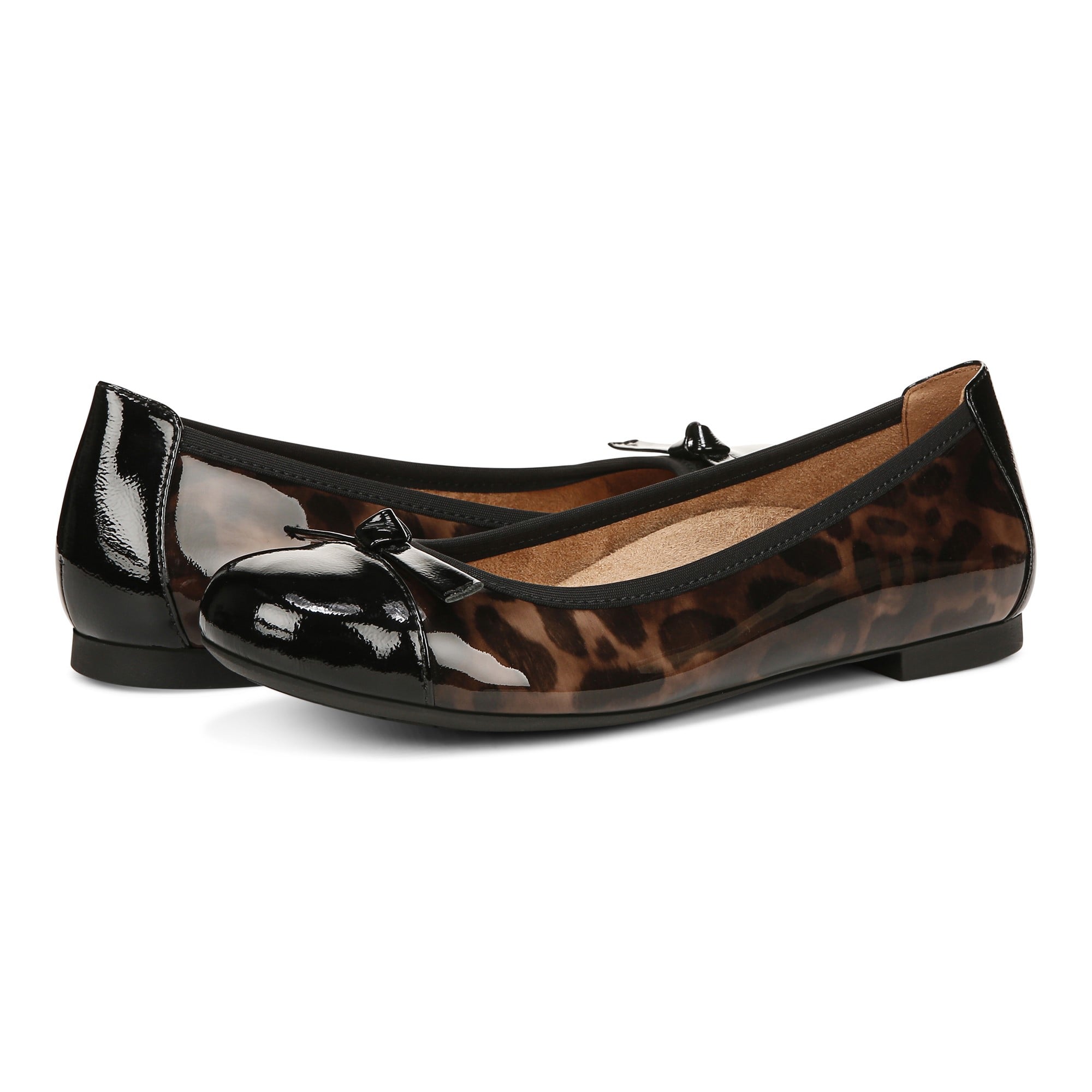 Vionic Amorie Women's Orthotic Supportive Ballet Flat - Free Shipping - Black/leopard Patent - pair left angle