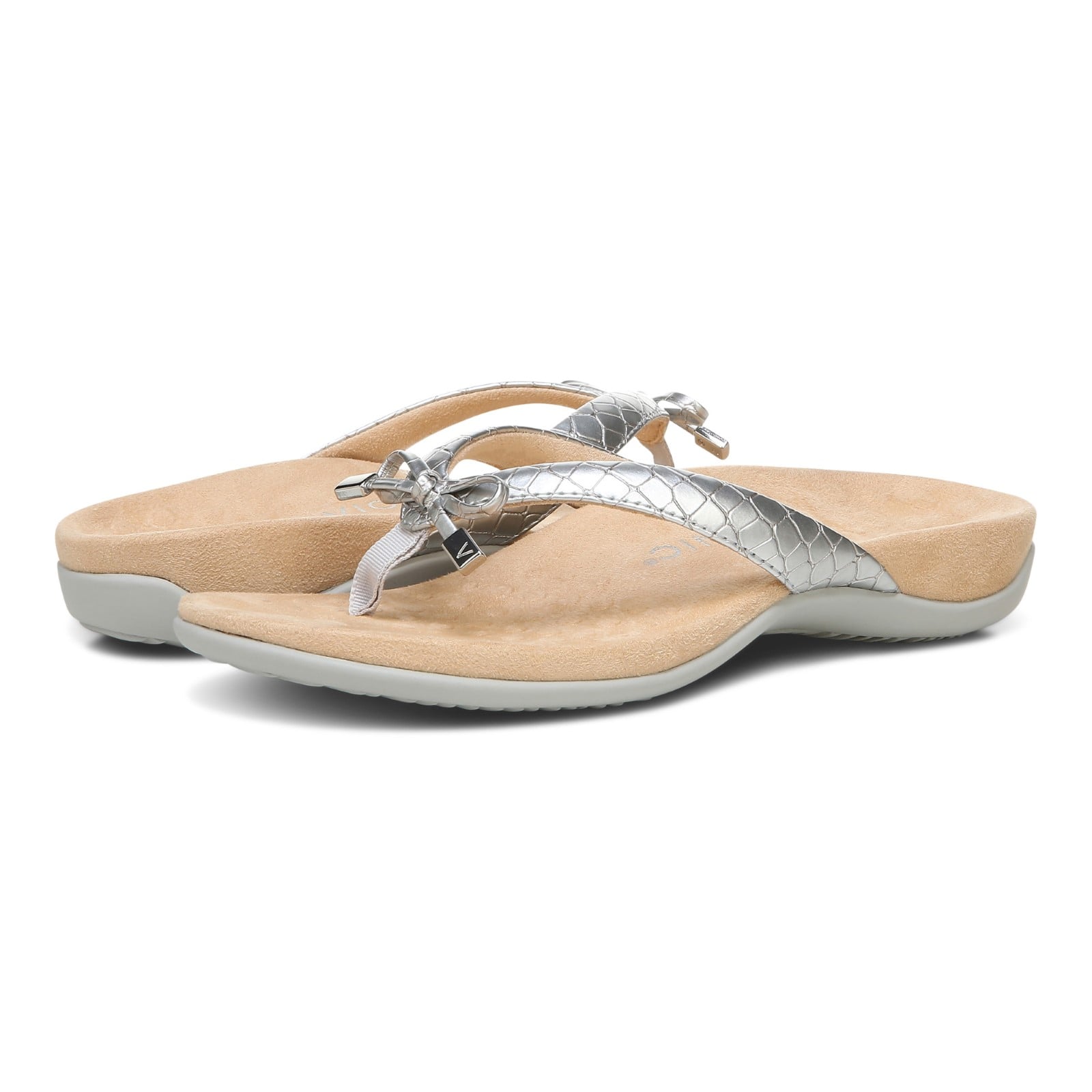 Vionic Bella - Women's Orthotic Thong Sandals - Silver Metallic Croc - pair left angle