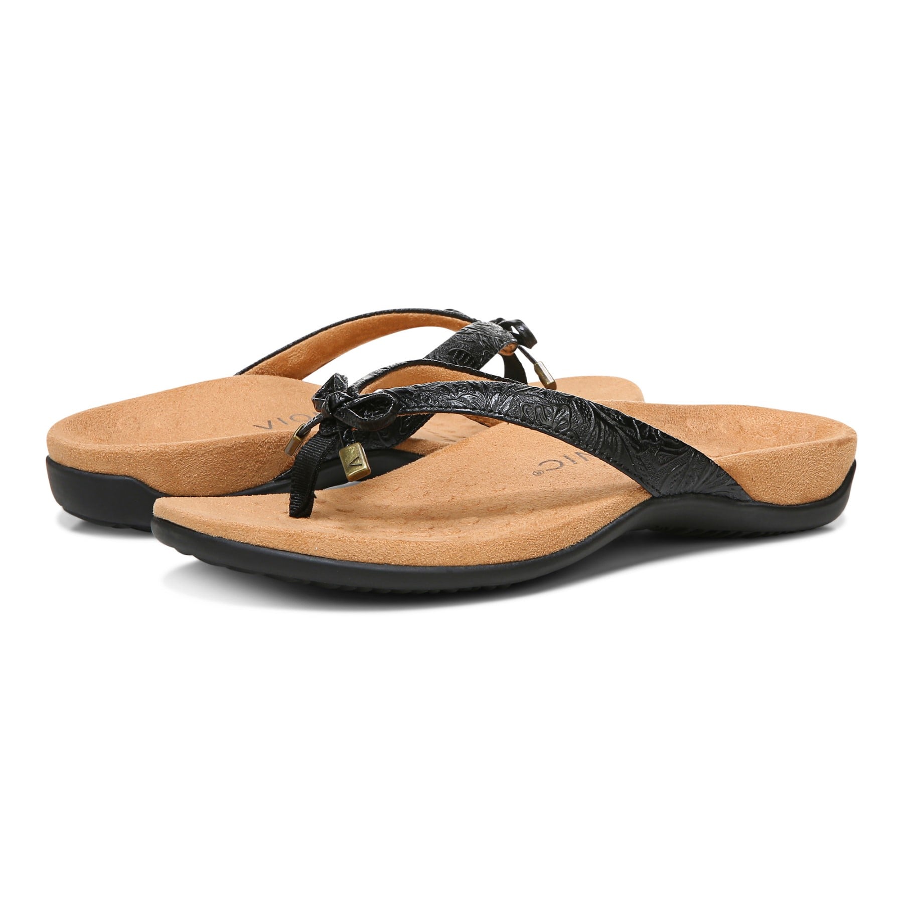 Vionic Bella - Women's Orthotic Thong Sandals - Black-Floral - pair left angle