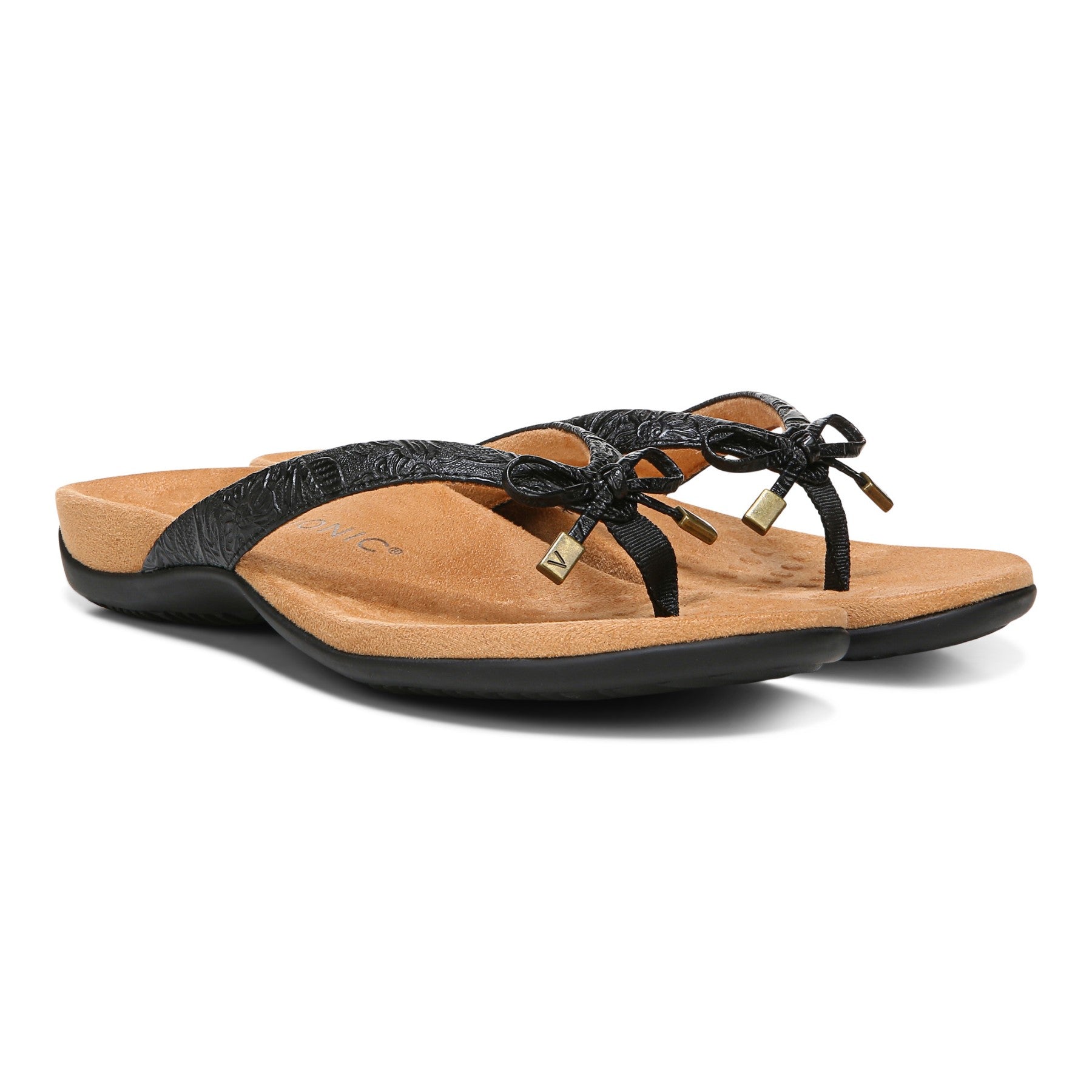 Vionic Bella - Women's Orthotic Thong Sandals - Black-Floral - Pair