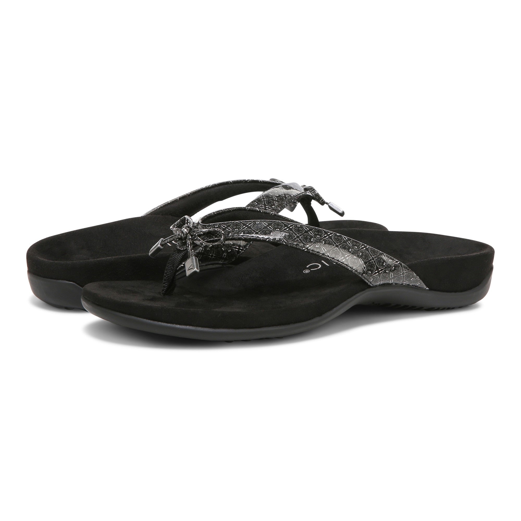 Vionic Bella - Women's Orthotic Thong Sandals - Black Tile Patent - pair left angle