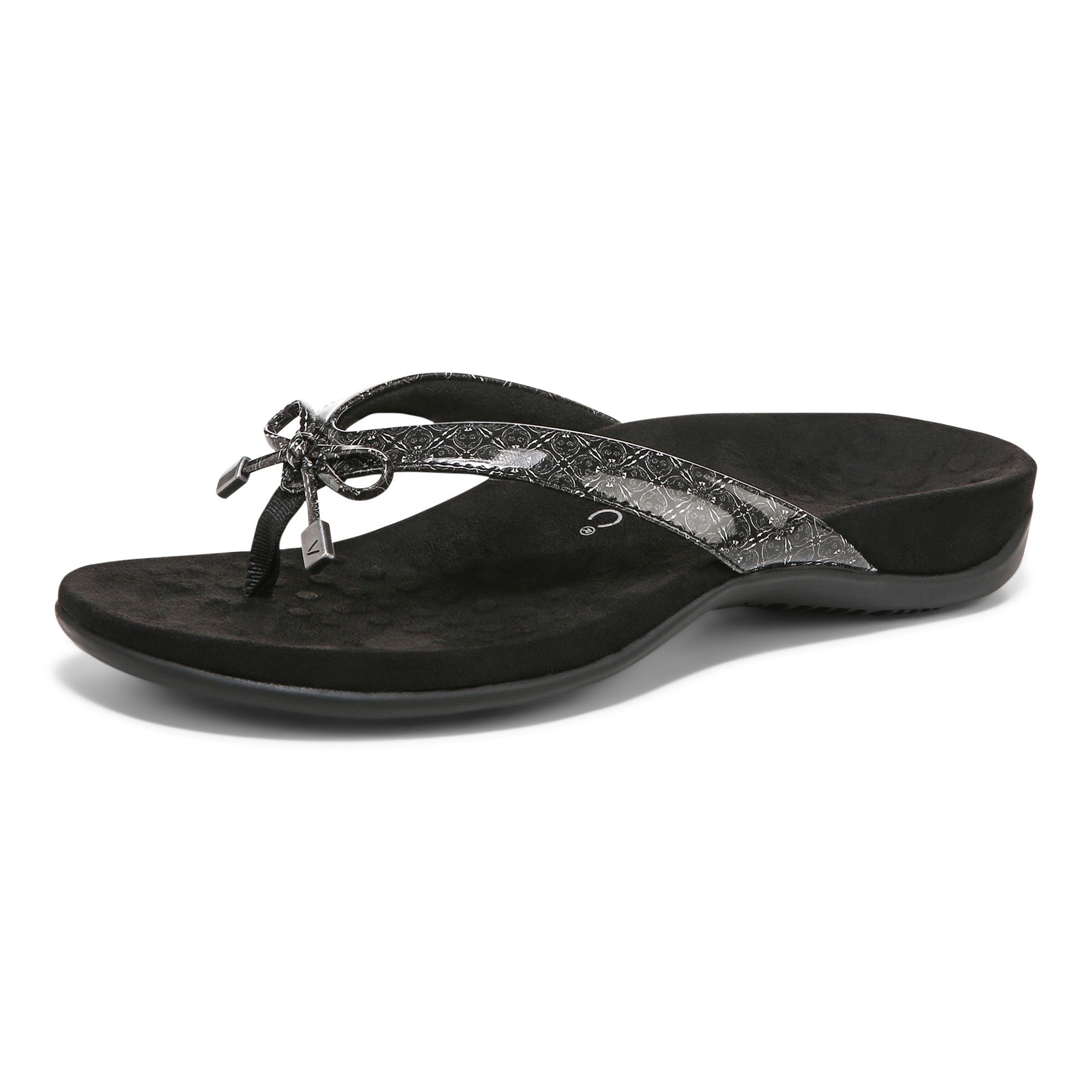 Vionic Bella - Women's Orthotic Thong Sandals - Black Tile Patent - Left angle