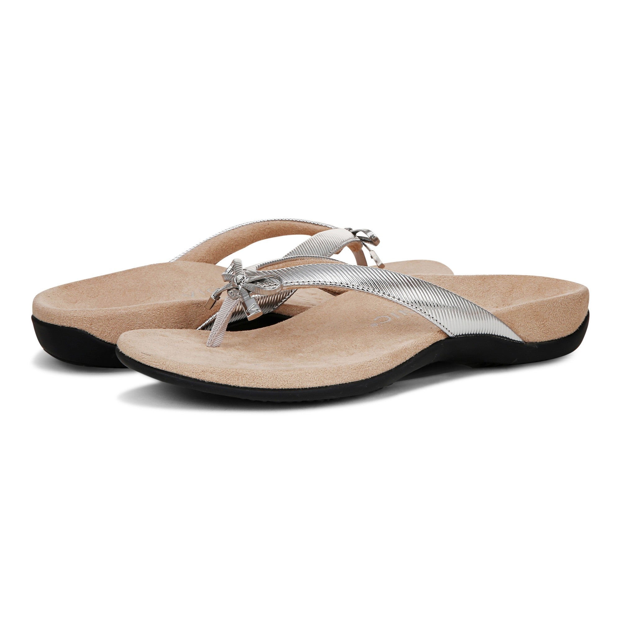 Vionic Bella - Women's Orthotic Thong Sandals - Aluminum Met - pair left angle