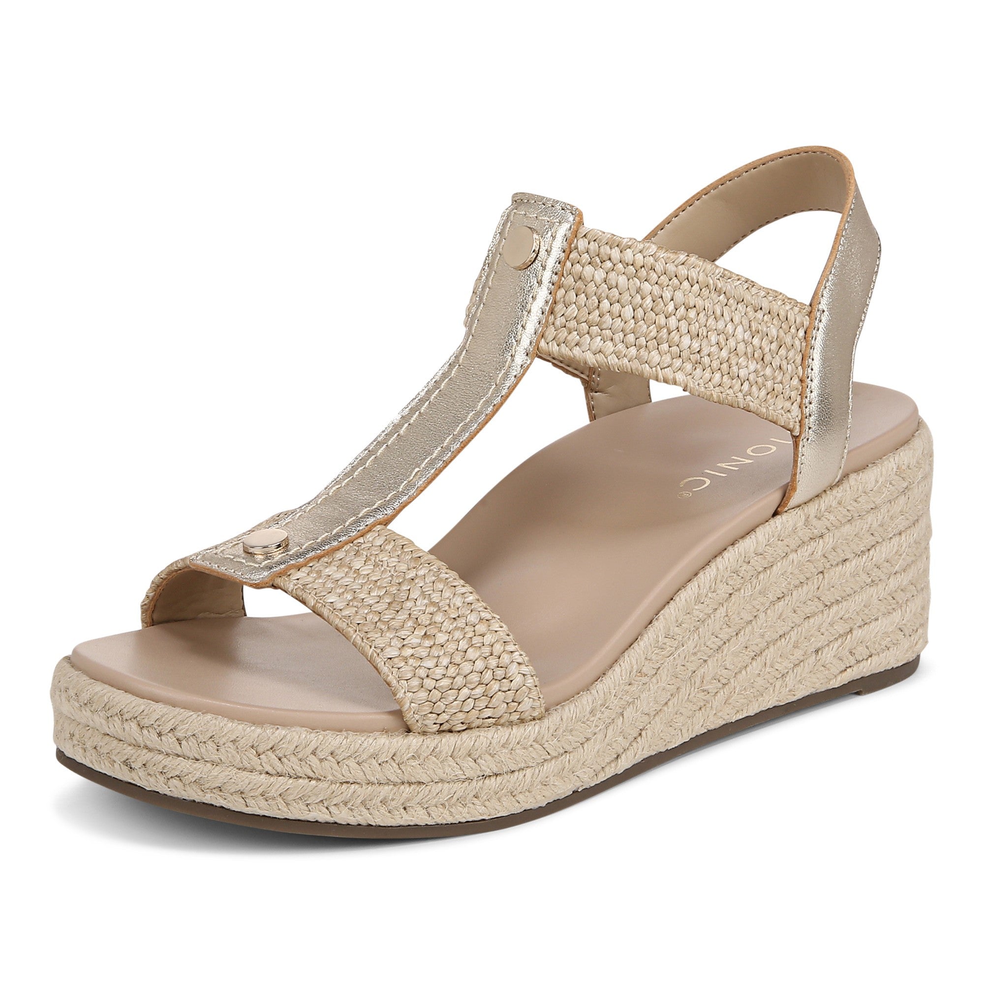 Vionic Calera Women's Espadrille Comfort Wedge Sandal - Gold - pair left angle