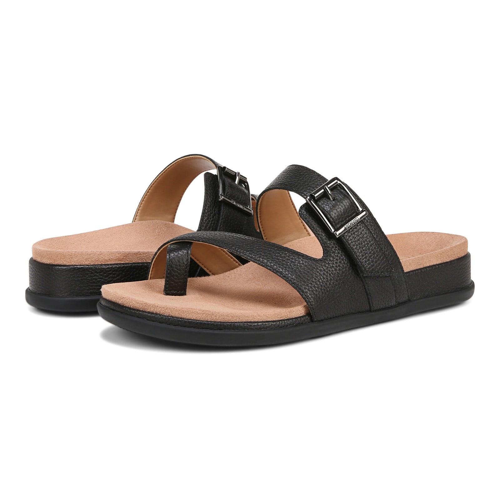 Vionic Carmela Women's Thong Sandals - Black Leather - pair left angle