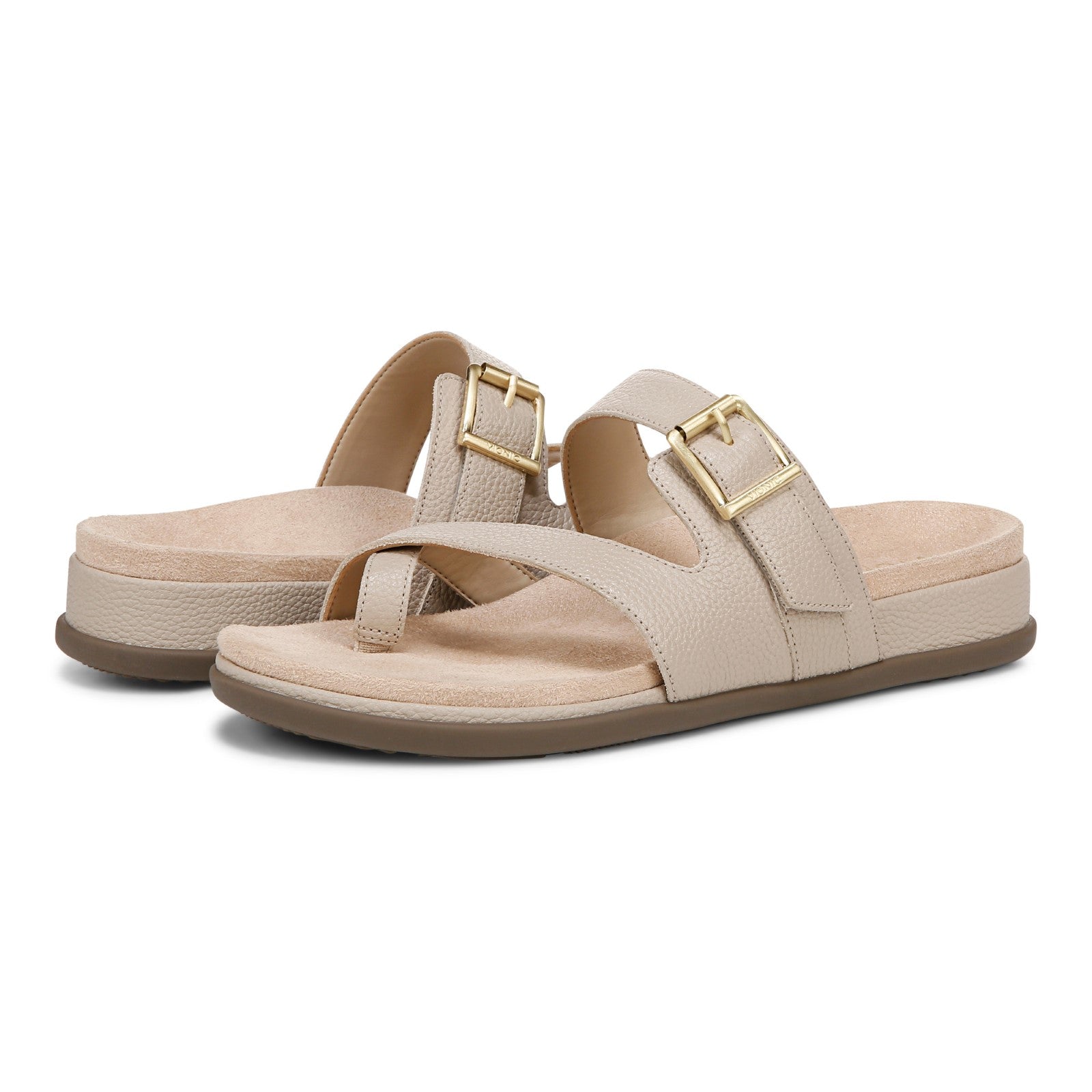 Vionic Carmela Women's Thong Sandals - Oatrmeal Leather - pair left angle