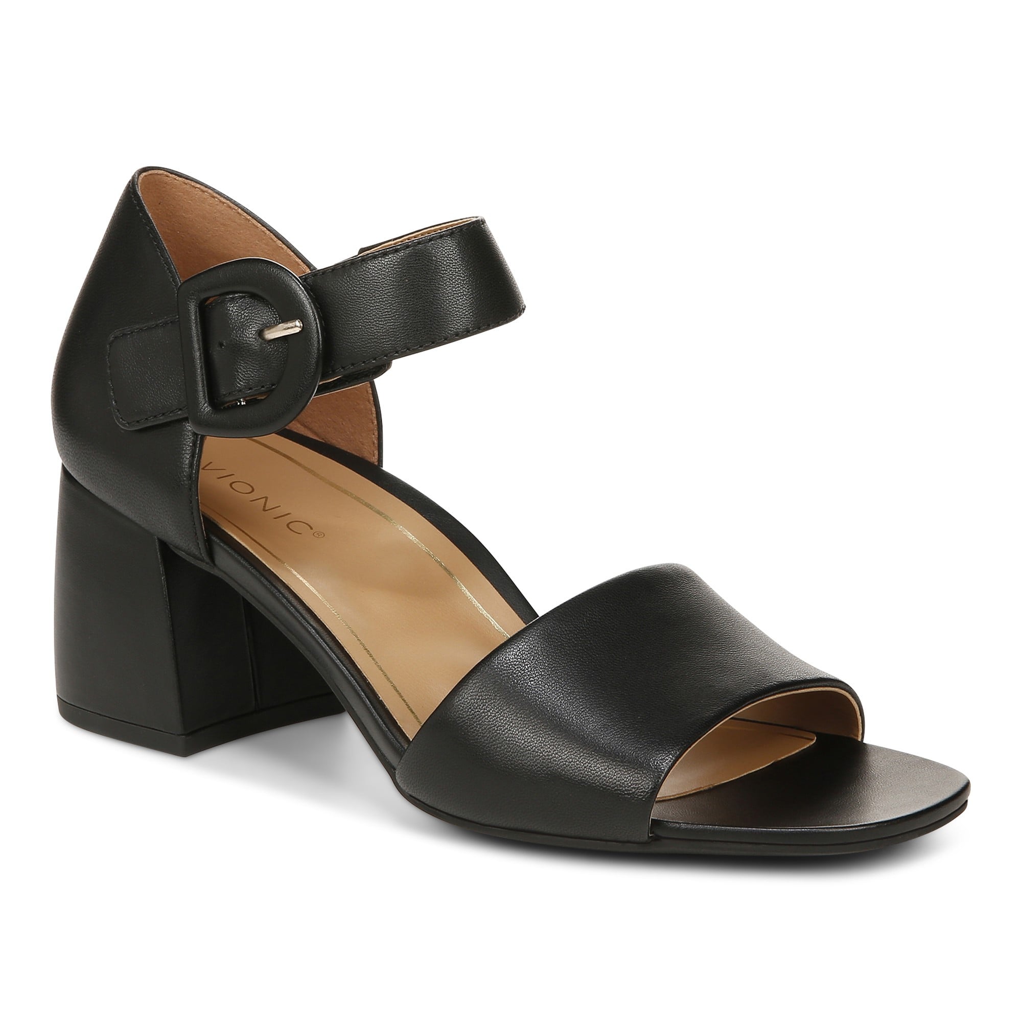 Vionic Chardonnay Womens Quarter/Ankle/T-Strap Sandals - Black Leather - Angle main