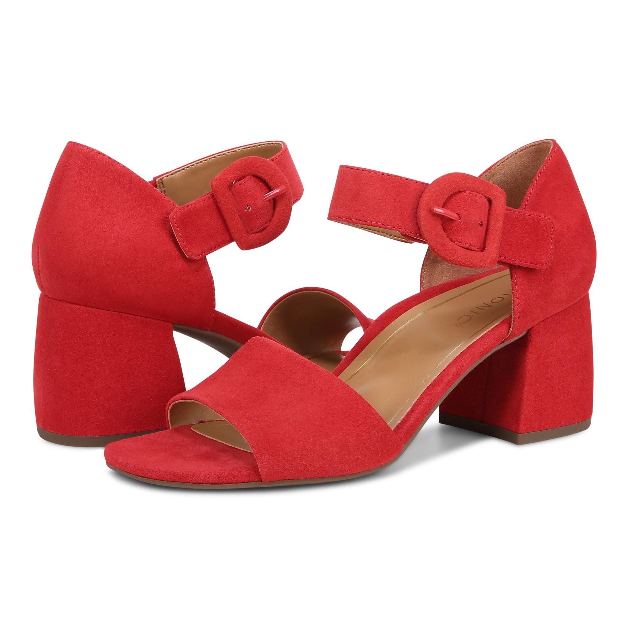 Vionic Chardonnay Women's Heeled Sandals - Stylish and Comfortable Quarter/Ankle/T-Strap Sandals - Red - pair left angle