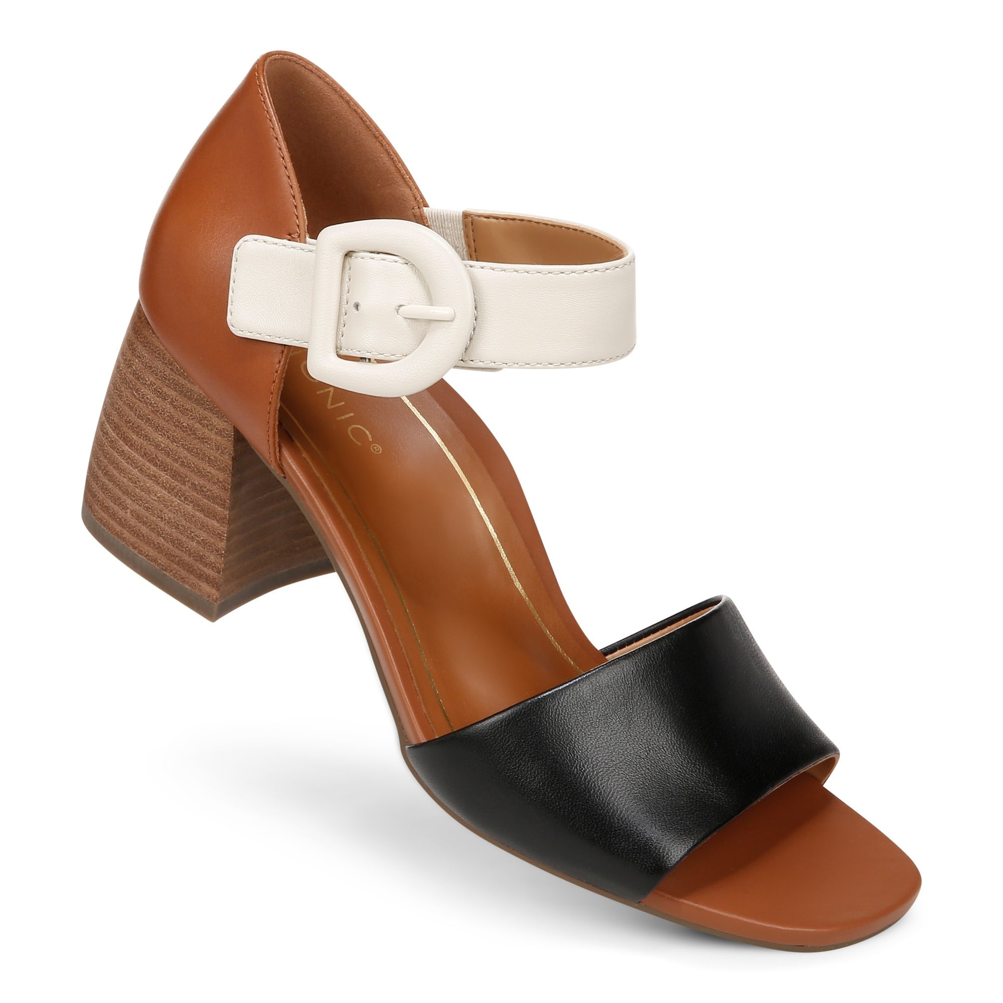 Vionic Chardonnay Women's Heeled Sandals - Stylish and Comfortable Quarter/Ankle/T-Strap Sandals - Tan/black/cream - CHARDONNAY-I7818L7203-TAN BLACK CREAM-13fl-med