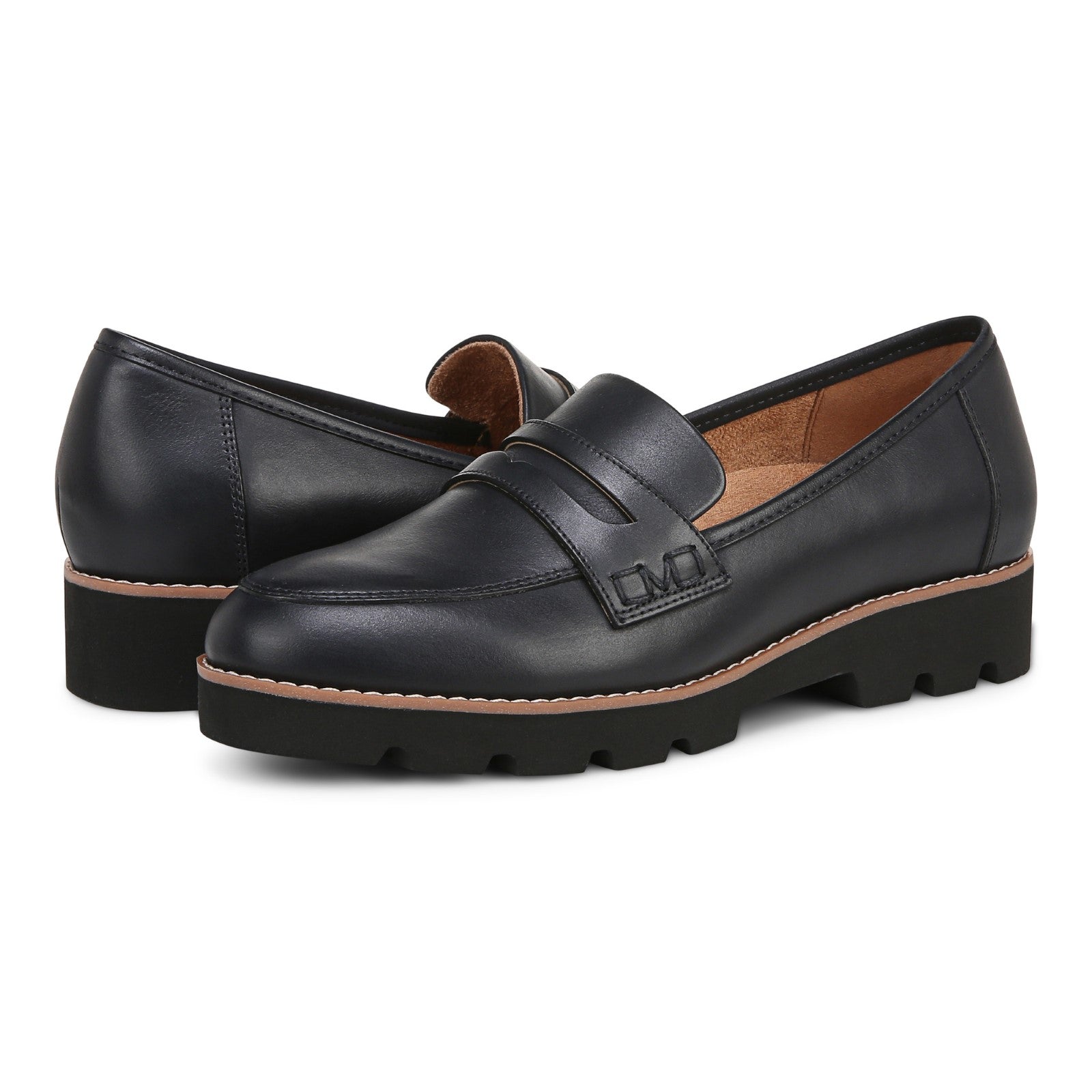 Vionic Cheryl II Women's Slip On Loafer Moc Casual Shoes - Navy Blue Leather - pair left angle