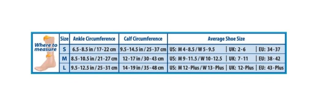 CS6 - Calf Compression Sleeve - Sizing Chart - White - Black