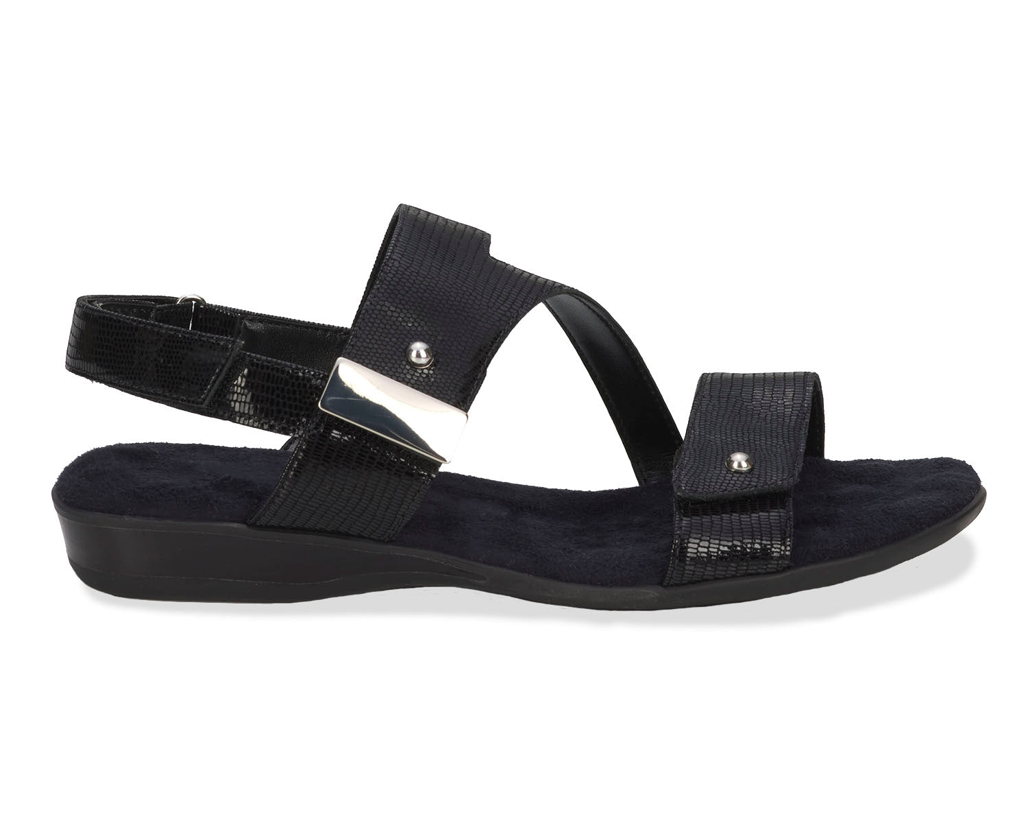 Ros Hommerson Chloe Women's Adjustable Strap Sandal - Black Patent Lizard Print Leather - Outside View