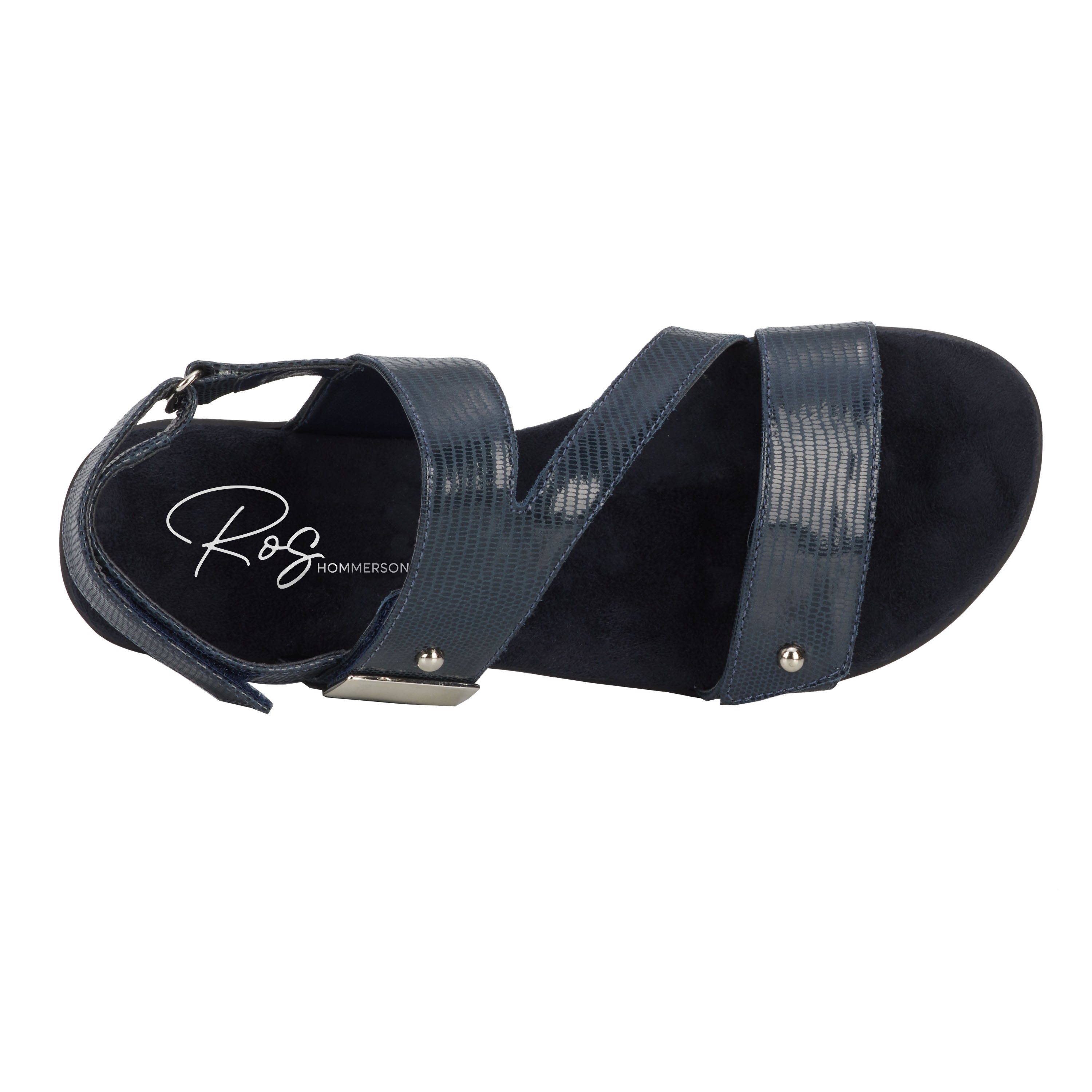Ros Hommerson Chloe Women's Adjustable Strap Sandal - Navy Patent Lizard Print Leather - Sole View