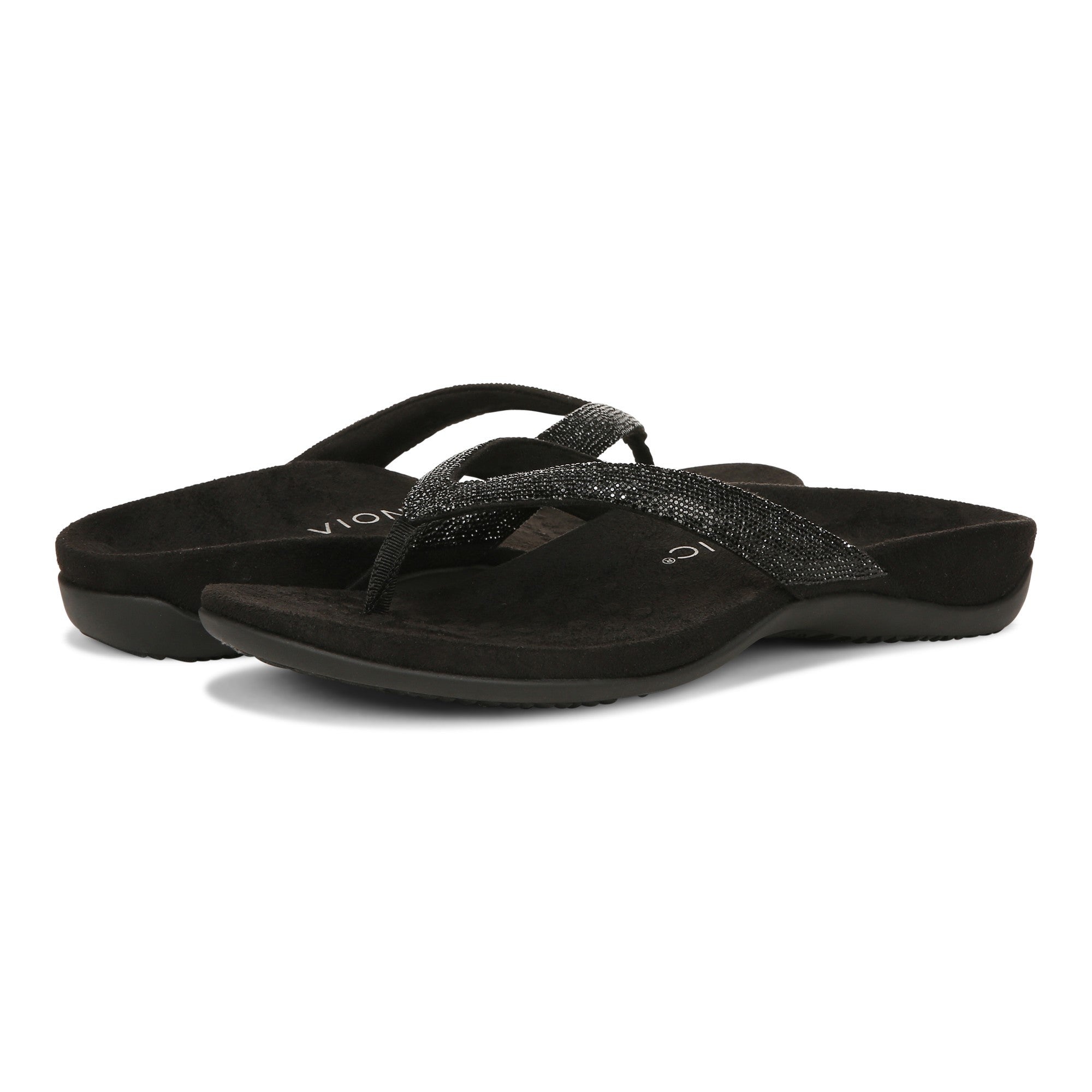 Vionic Dillon Shine Womens Thong Sandals - Black Rhinestone - pair left angle