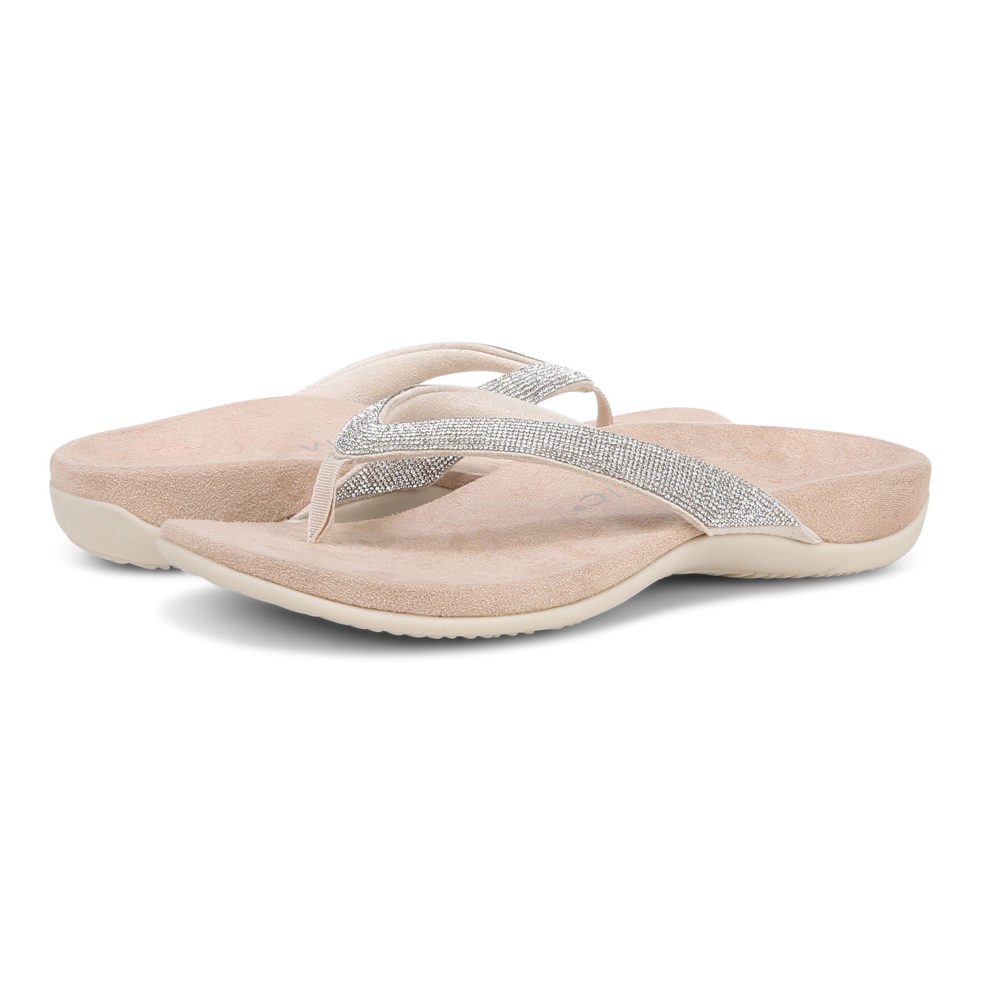 Vionic Dillon Shine Women's Thong Sandals - Stylish and Comfortable Footwear - Cream - pair left angle