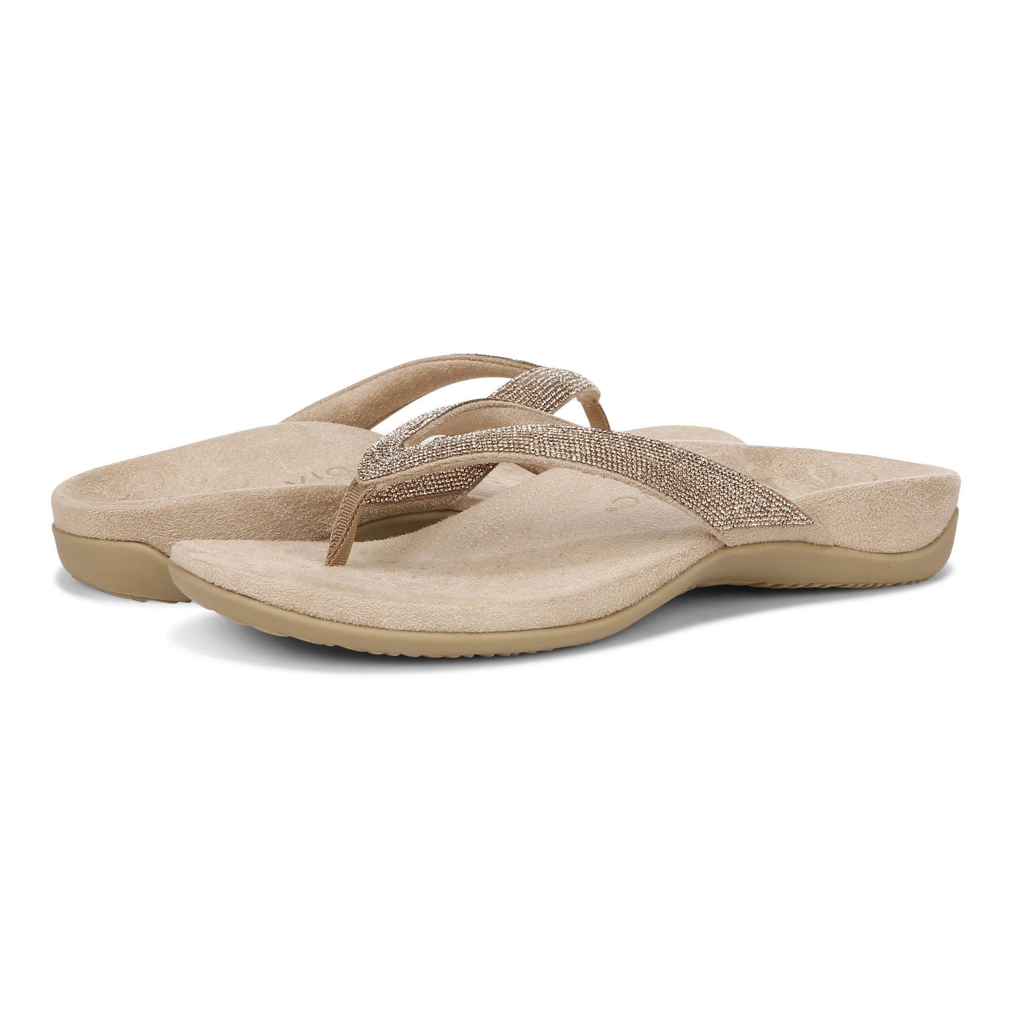 Vionic Dillon Shine Womens Thong Sandals - Champagne Rhinestone - pair left angle