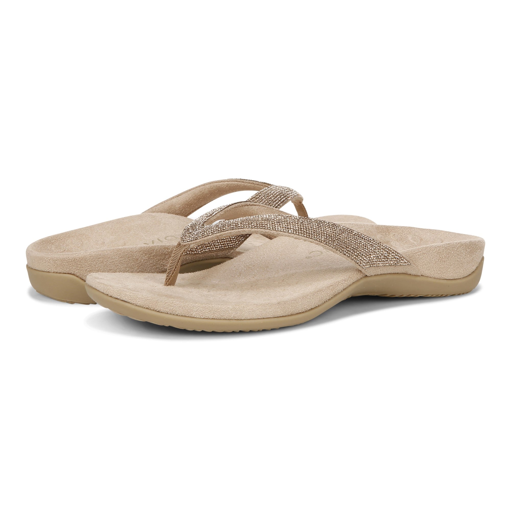Vionic Dillon Shine Womens Thong Sandals - Champagne Rhinestone - pair left angle