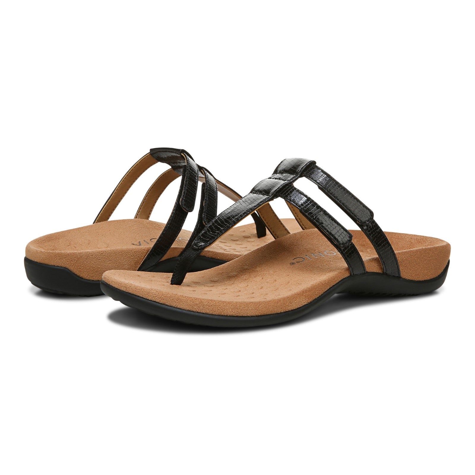 Vionic Elvia - Women's Adjustable Slip-on Orthotic Sandal  - Black Syn pair left angle