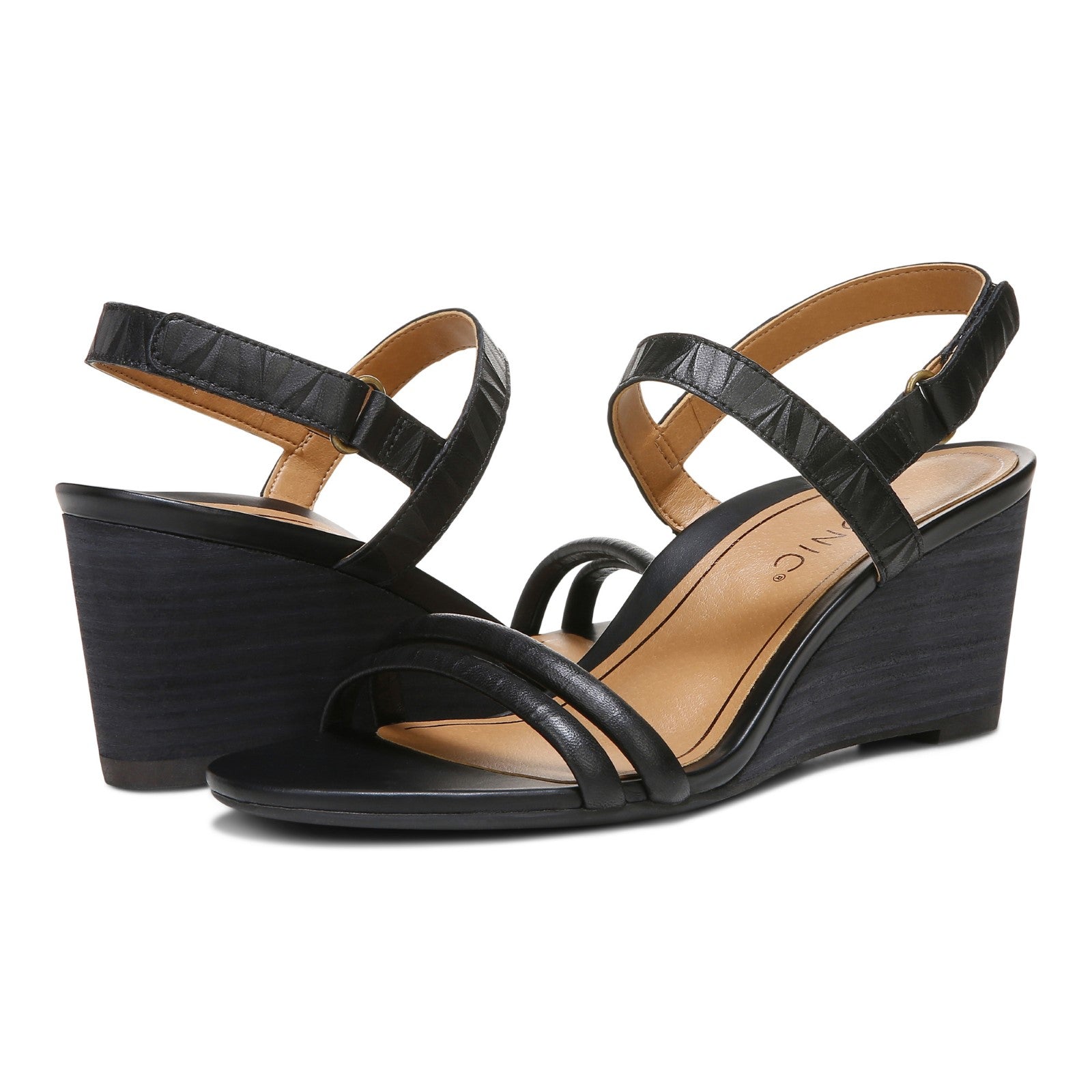 Vionic Emmy Woemn's Backstrap Wedge Sandal - Black Embossed - pair left angle