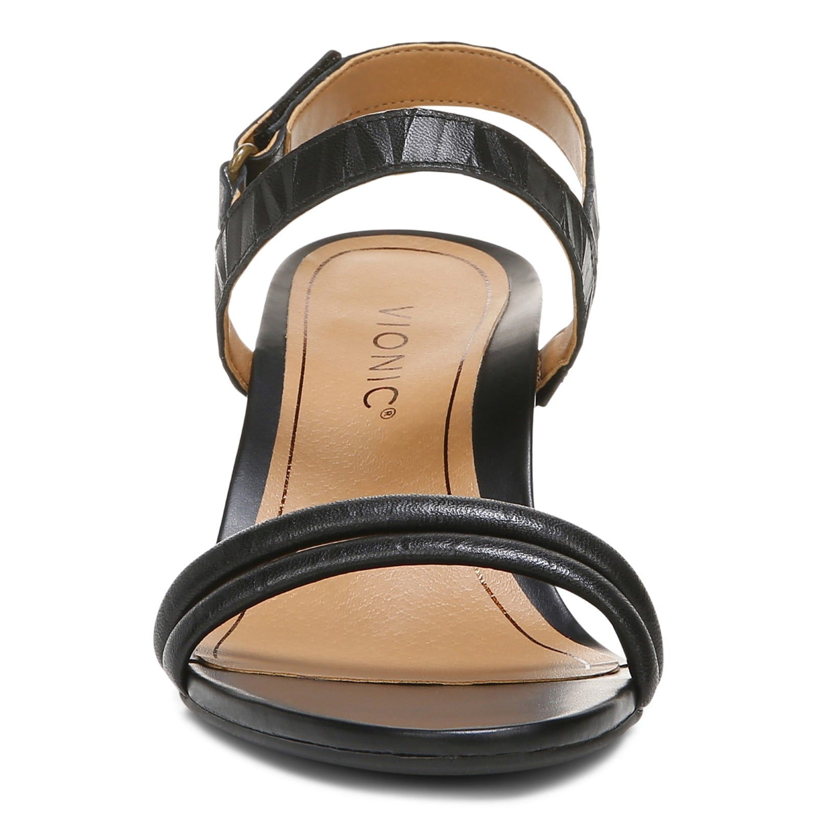 Vionic Emmy Woemn's Backstrap Wedge Sandal - Black Embossed - Front