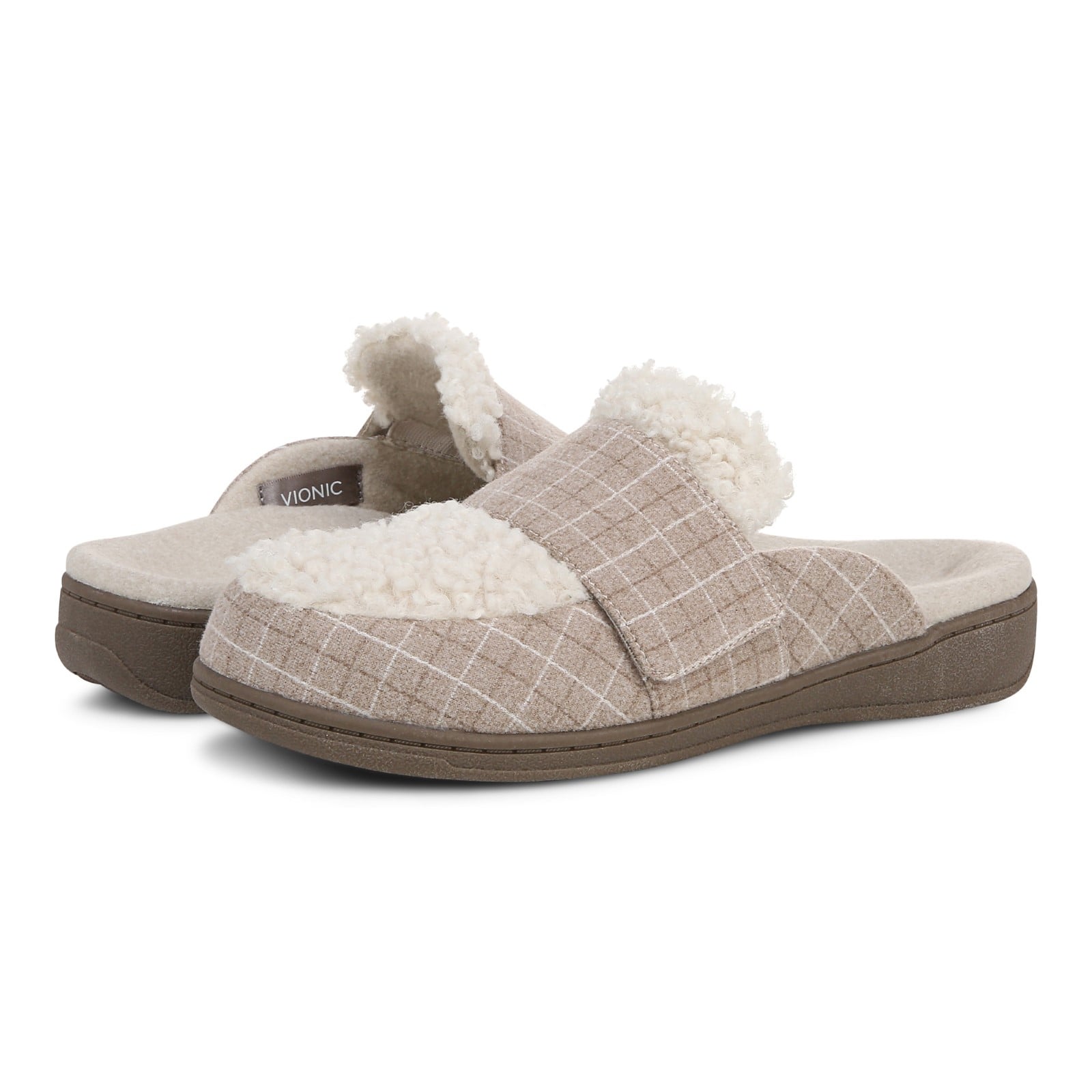 Vionic Gemma Ii womens Mule/Clog Slipper - Cream Plaid - pair left angle