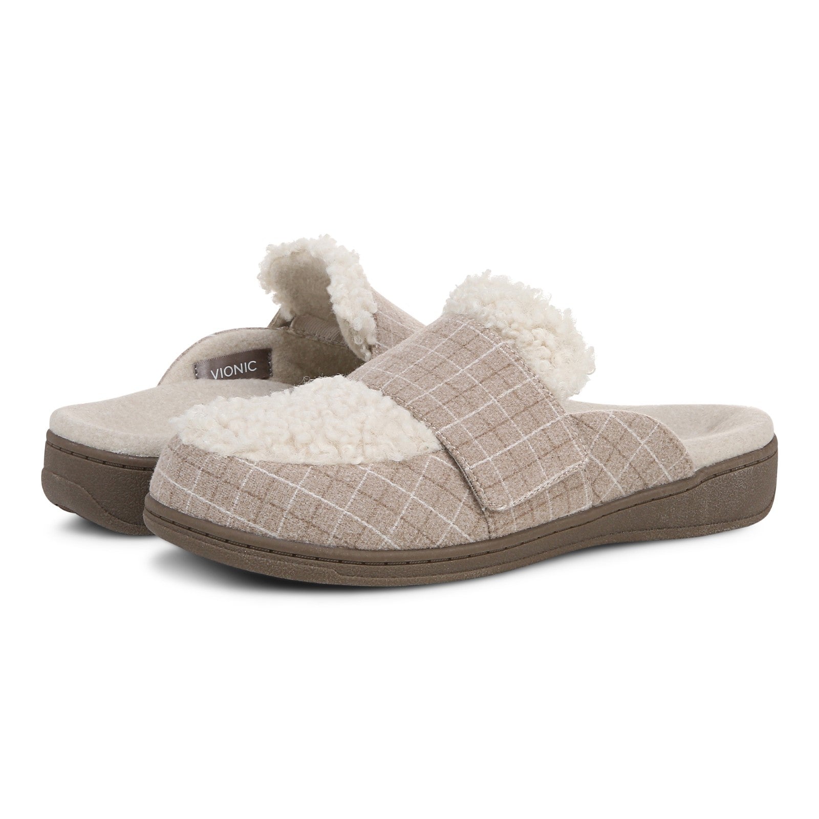 Vionic Gemma Ii womens Mule/Clog Slipper - Cream Plaid - pair left angle