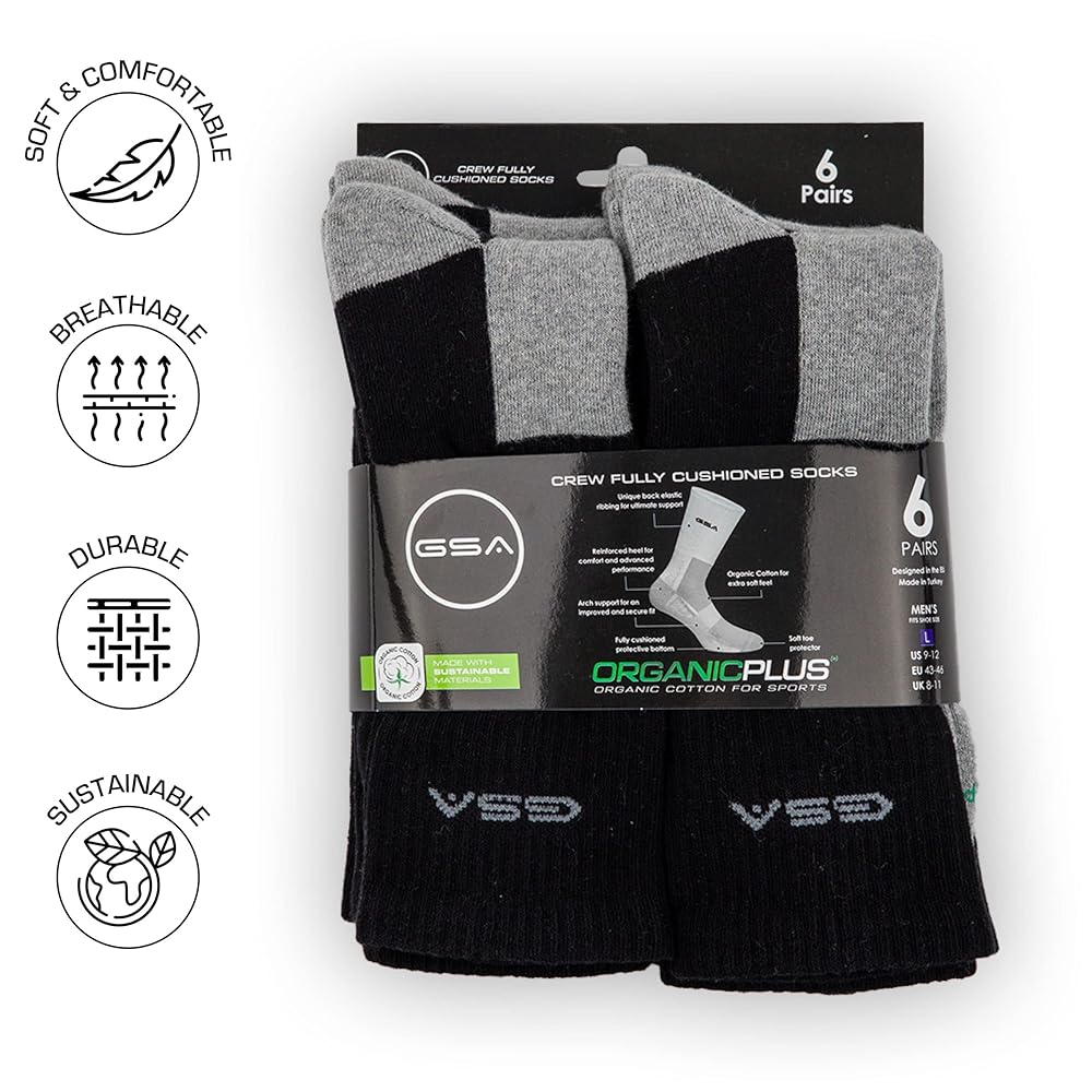 GSA OrganicPlus+ Crew Fully Cushioned Men's Socks - Black