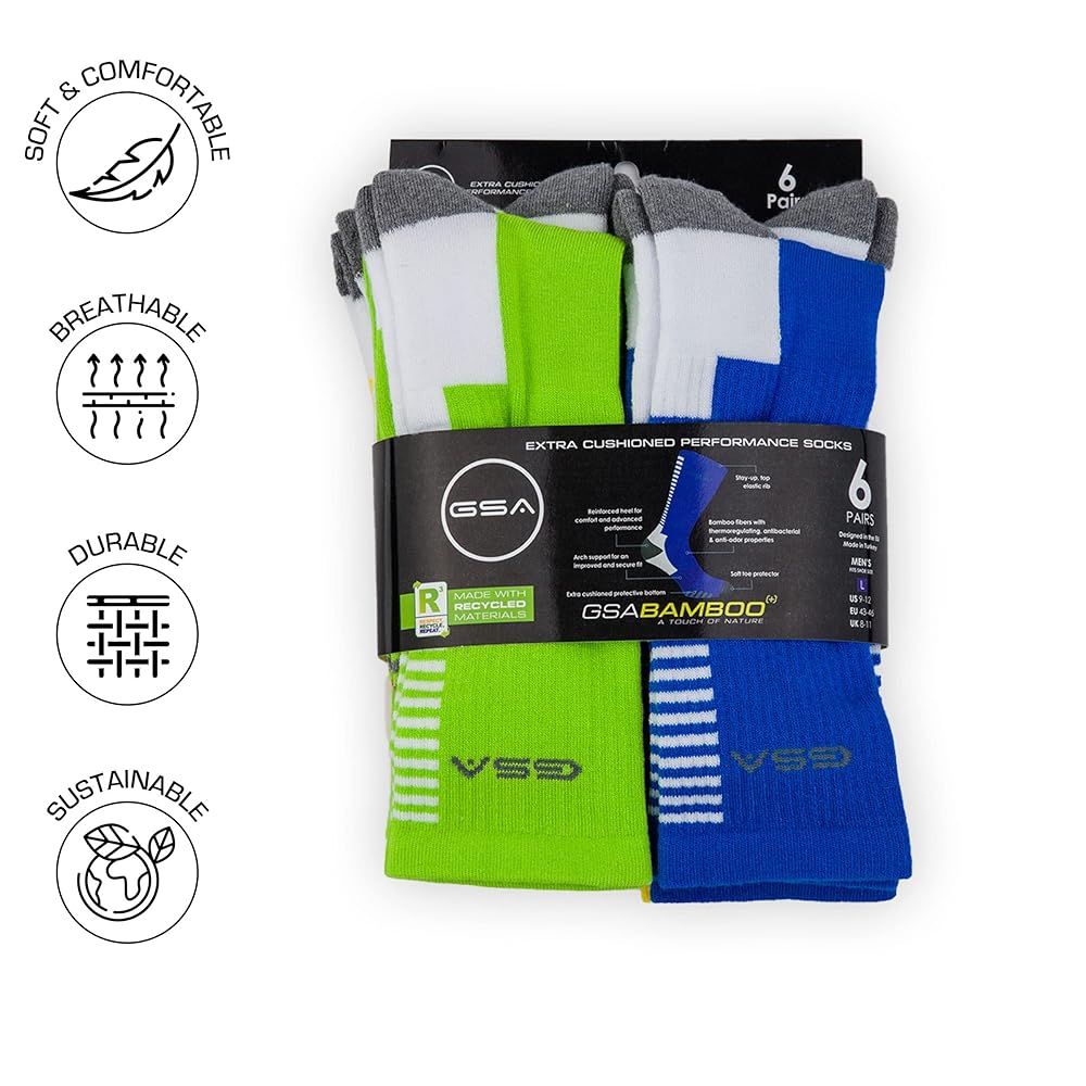 GSA Bamboo+  Crew Semi Cushioned Men's Socks - Yellow/Blue/Green