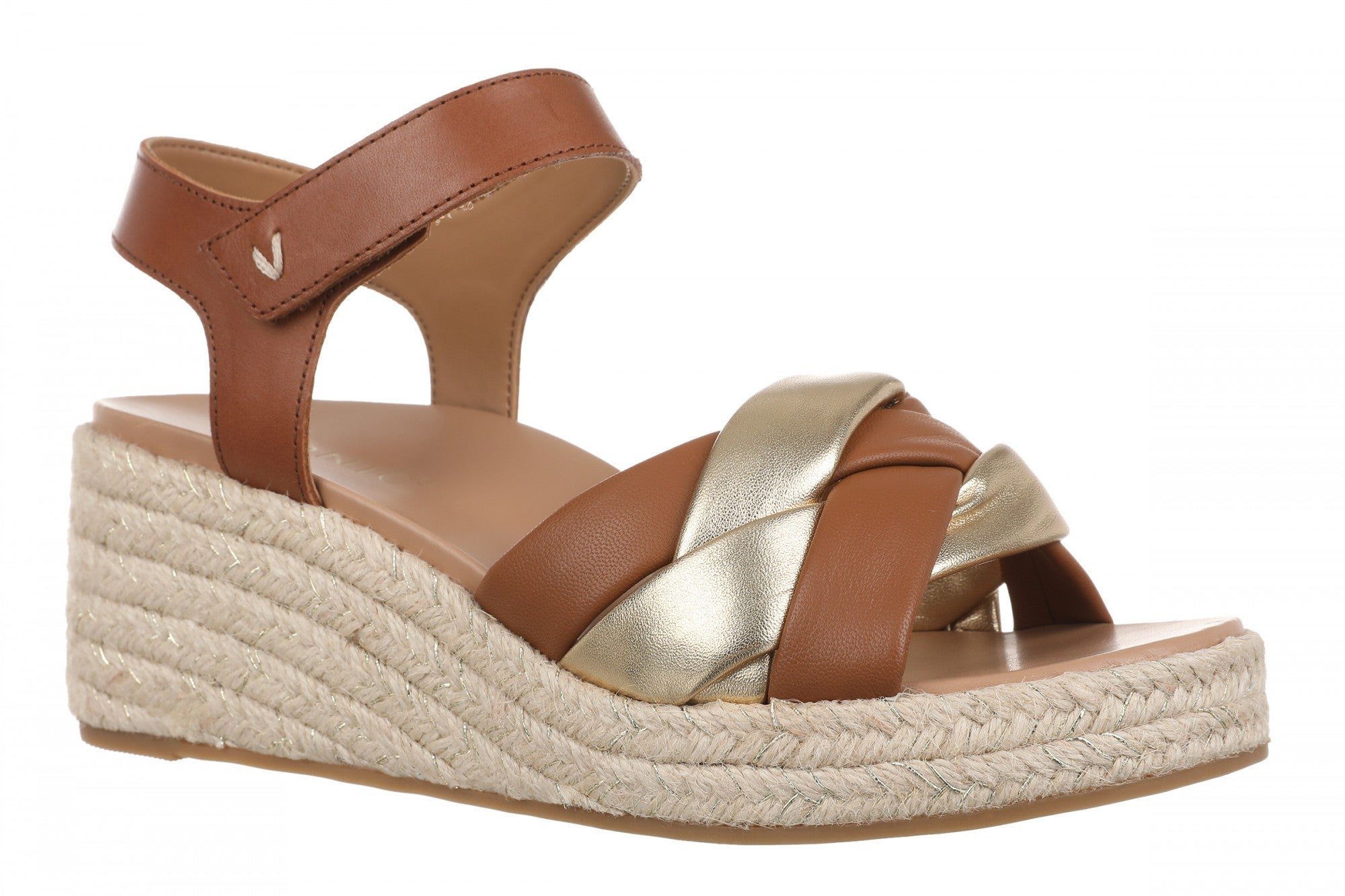 Vionic Saratoga Women's Orthotic Support Espadrille Wedge Sandal in Tan/gold