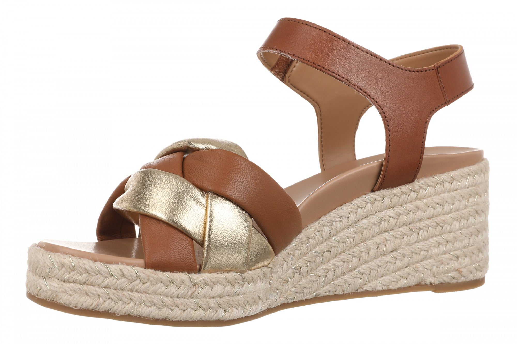 Vionic Saratoga Women's Wedge Comfort Espadrille Sandal - Tan/gold - Left angle