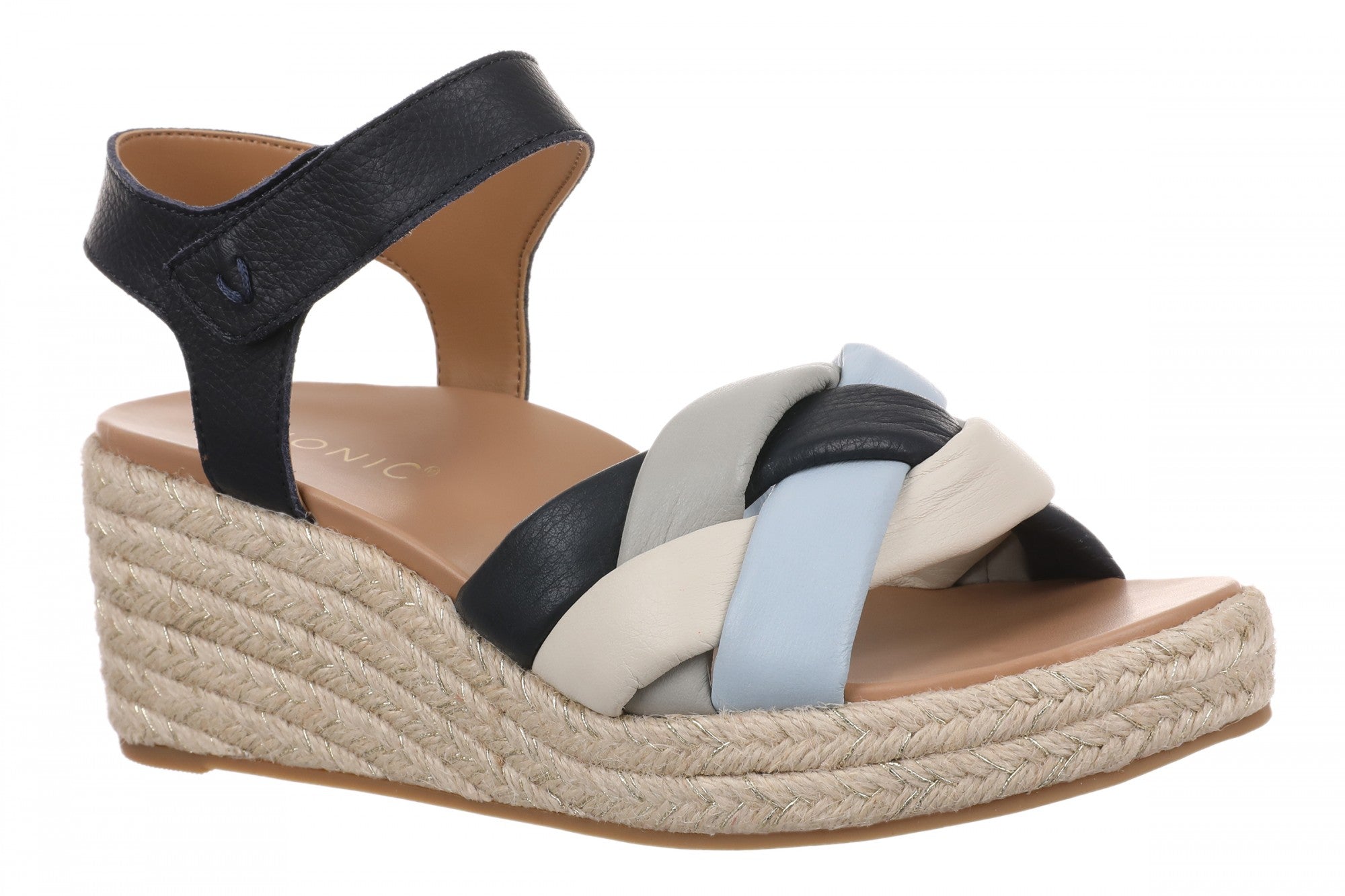Vionic Saratoga Women's Orthotic Support Espadrille Wedge Sandal in Navy Multi