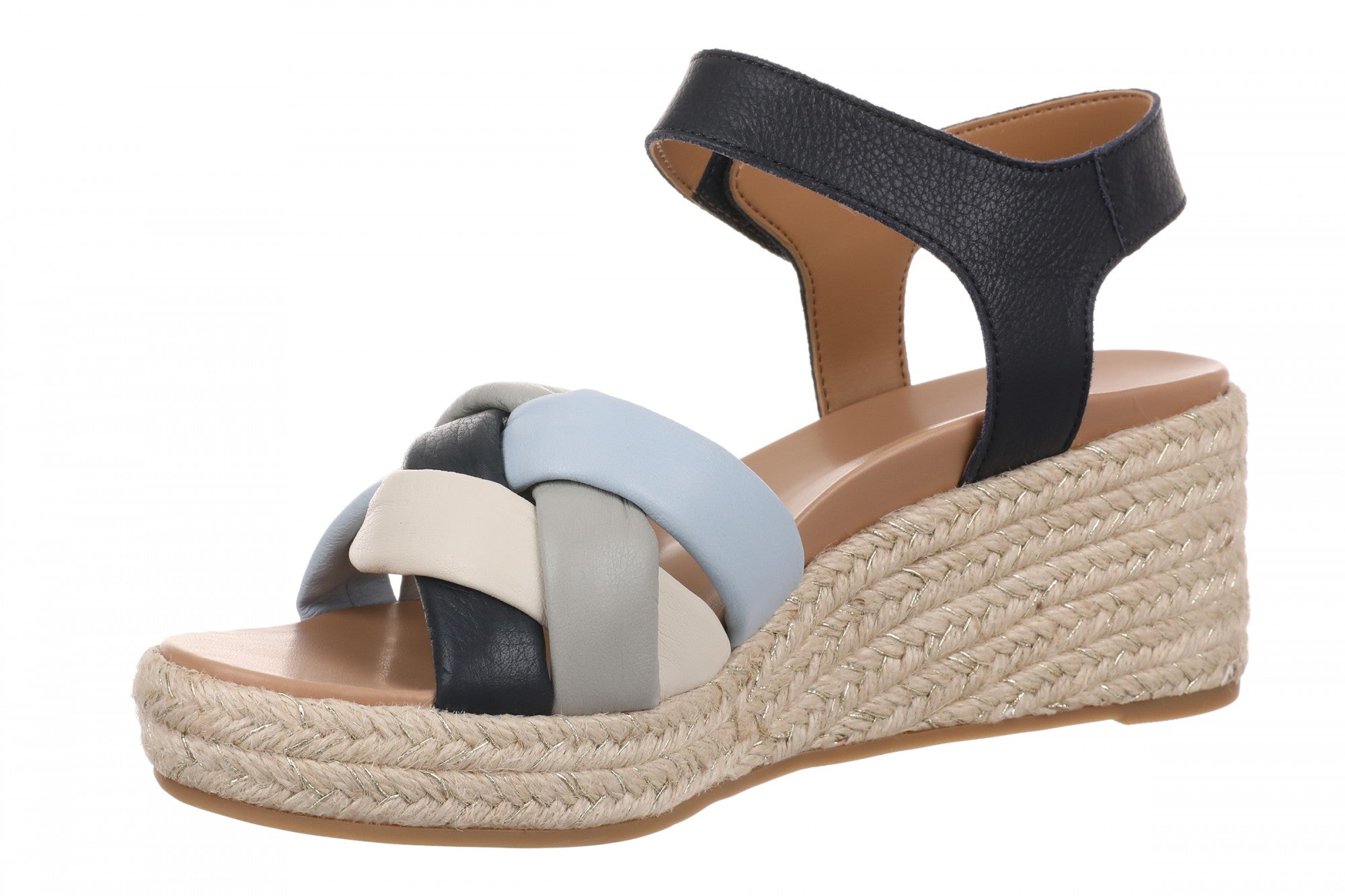 Vionic Saratoga Women's Wedge Comfort Espadrille Sandal - Navy Multi - Left angle