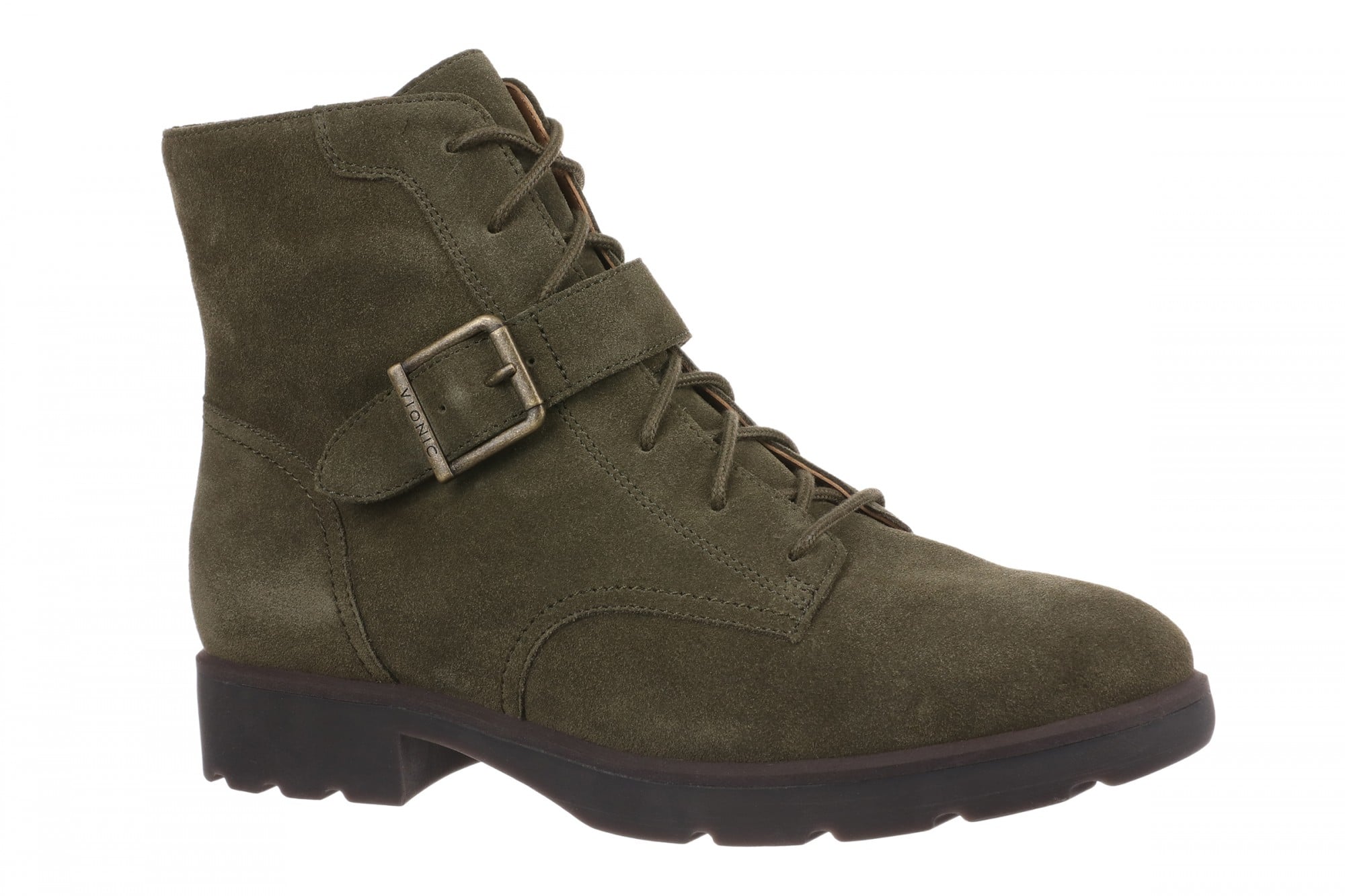 Vionic Catina Women's Mid Shaft Short Boot - Comfortable Orthotic Arch Support Lace-Up in Dark Olive