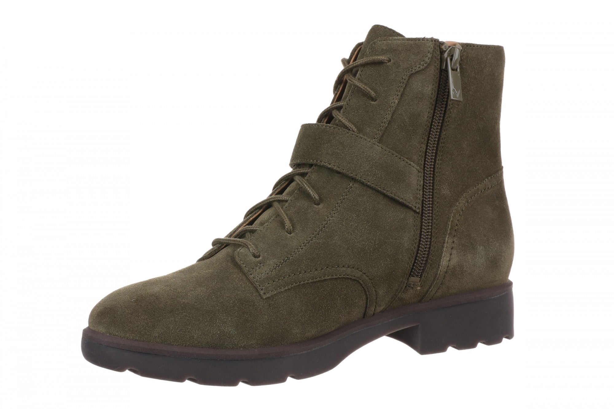 Vionic Catina Women's Mid Shaft Short Boot - Comfortable Orthotic Arch Support Lace-Up - Dark Olive - Left angle