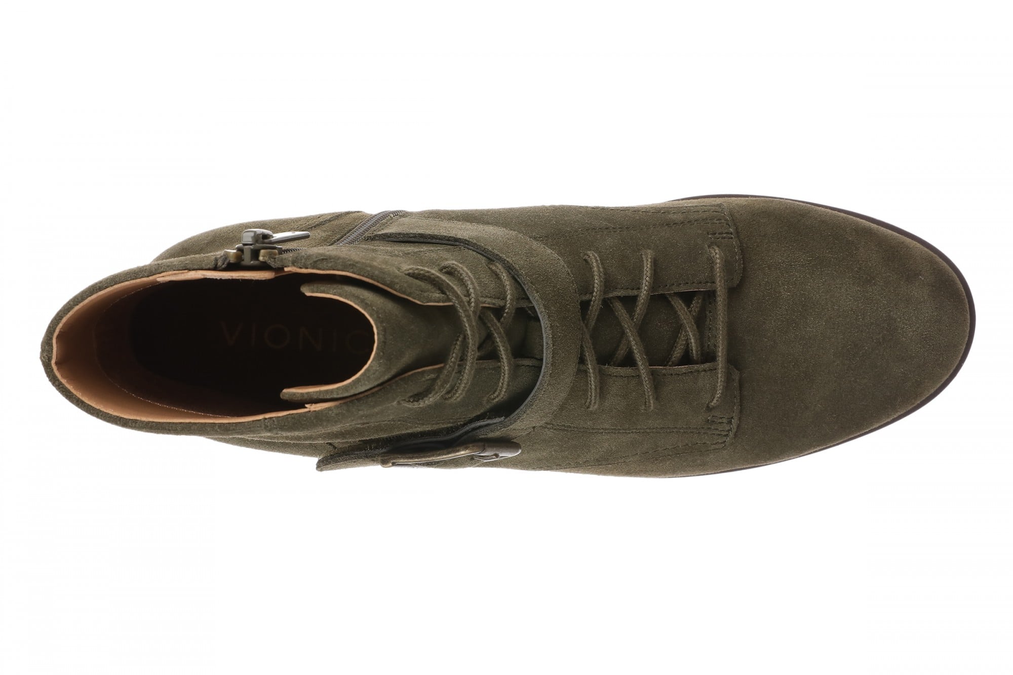 Vionic Catina Women's Mid Shaft Short Boot - Comfortable Orthotic Arch Support Lace-Up - Dark Olive - Top
