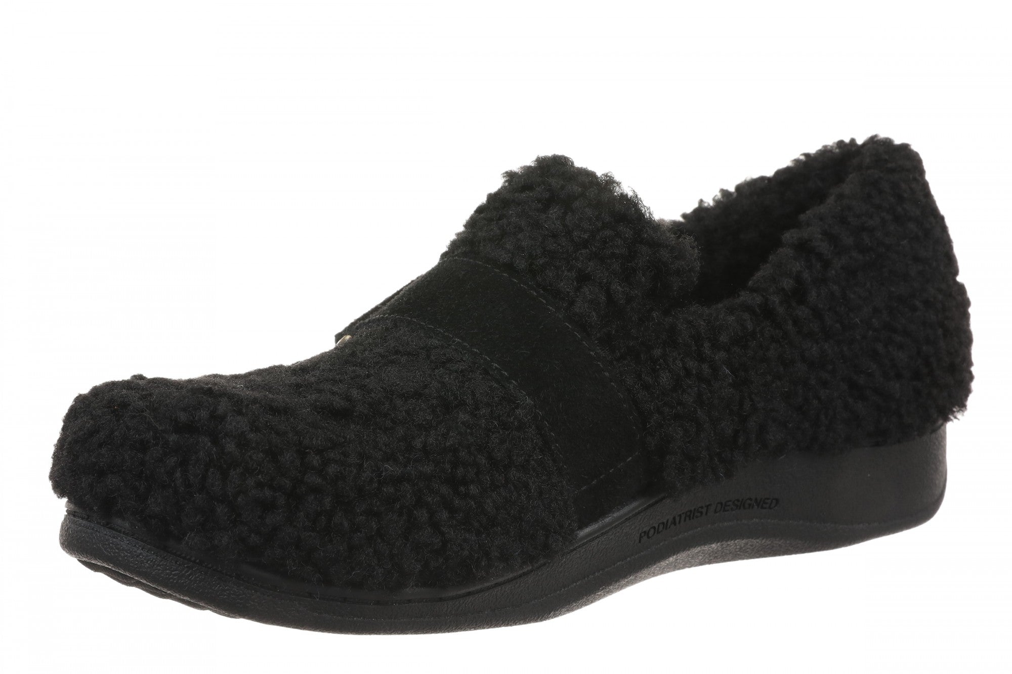Vionic Imogen Slipper - Women's Orthotic Arch Support Comfort Slipper - Black Shearling - Left angle