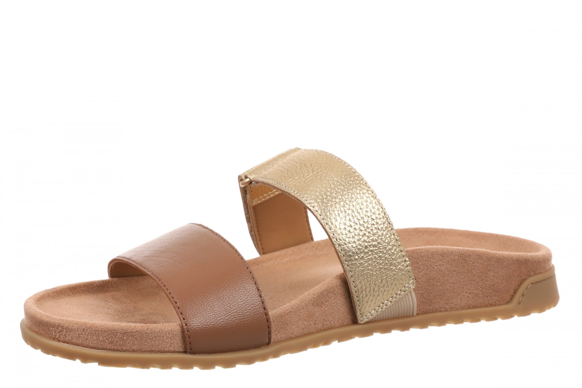 Vionic Elaine Women's Adjustable Arch Support Slide Sandal - Tan/Gold - Left angle