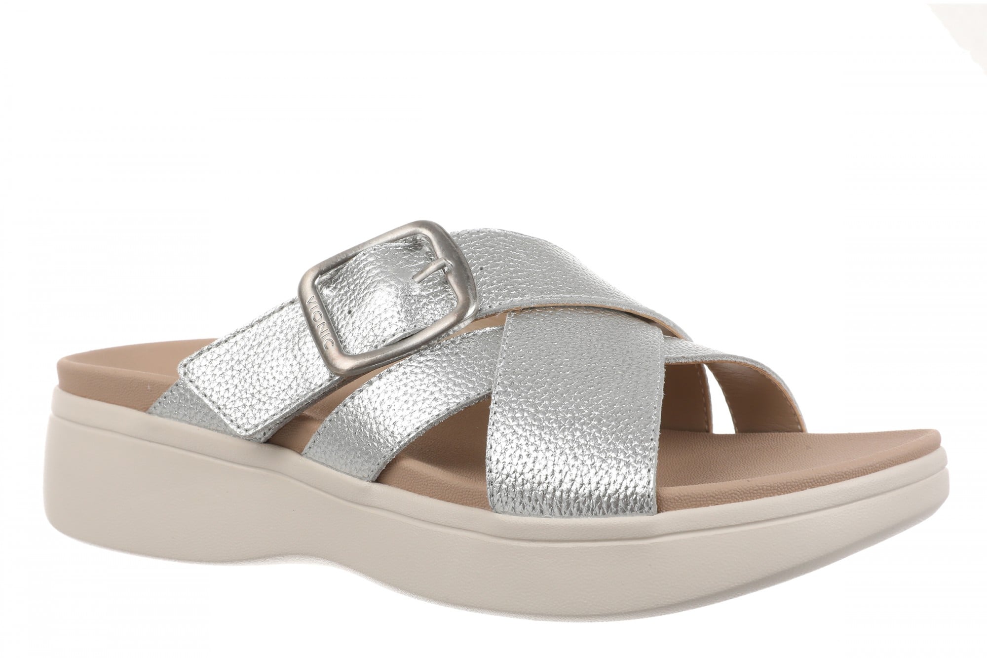 Vionic Starla Women's Orthotic Slide Sandal - Adjustable Buckle Comfort Platform - Silver - Angle main