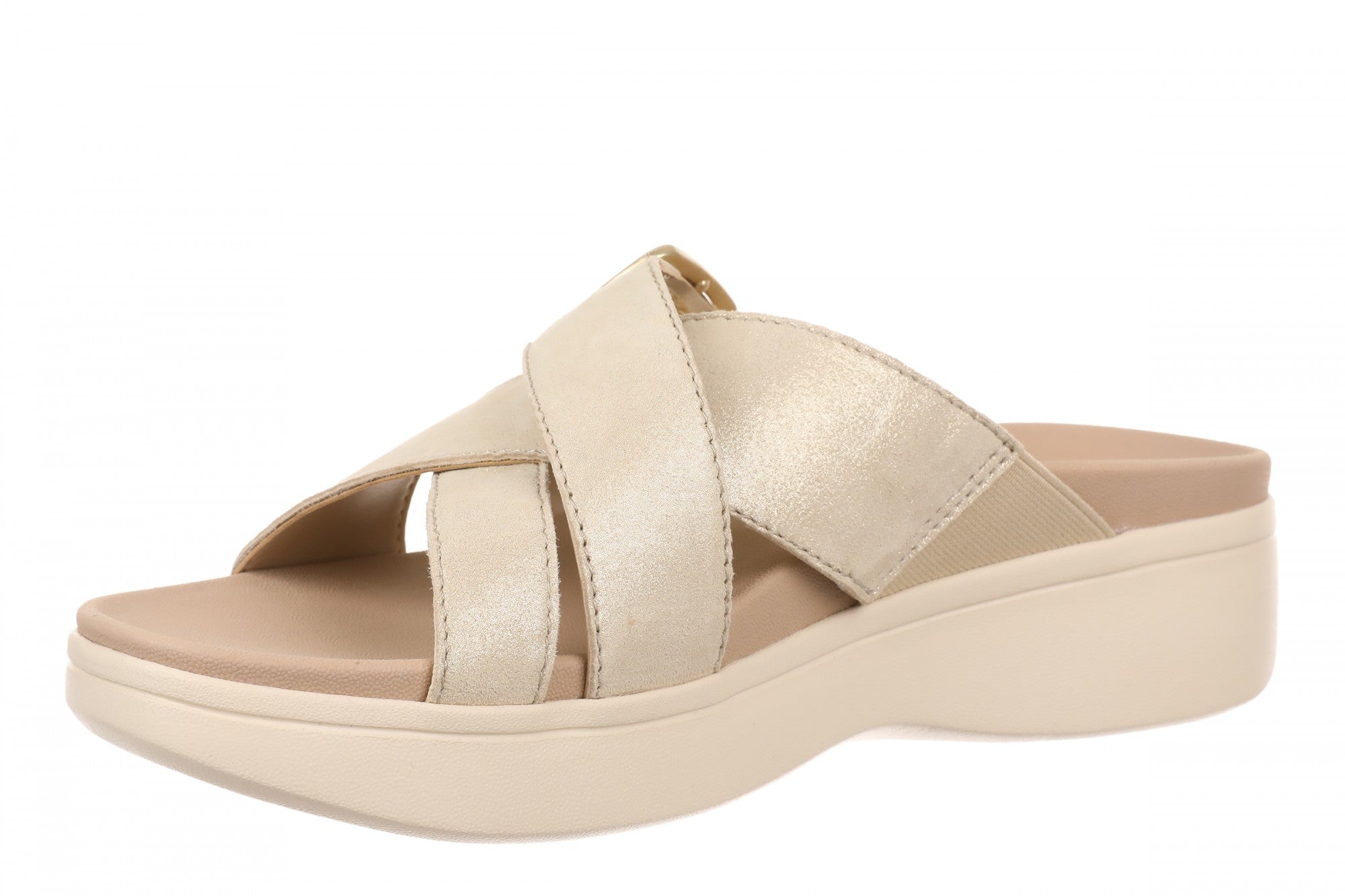 Vionic Starla Women's Orthotic Slide Sandal - Adjustable Buckle Comfort Platform - Gold - Left angle