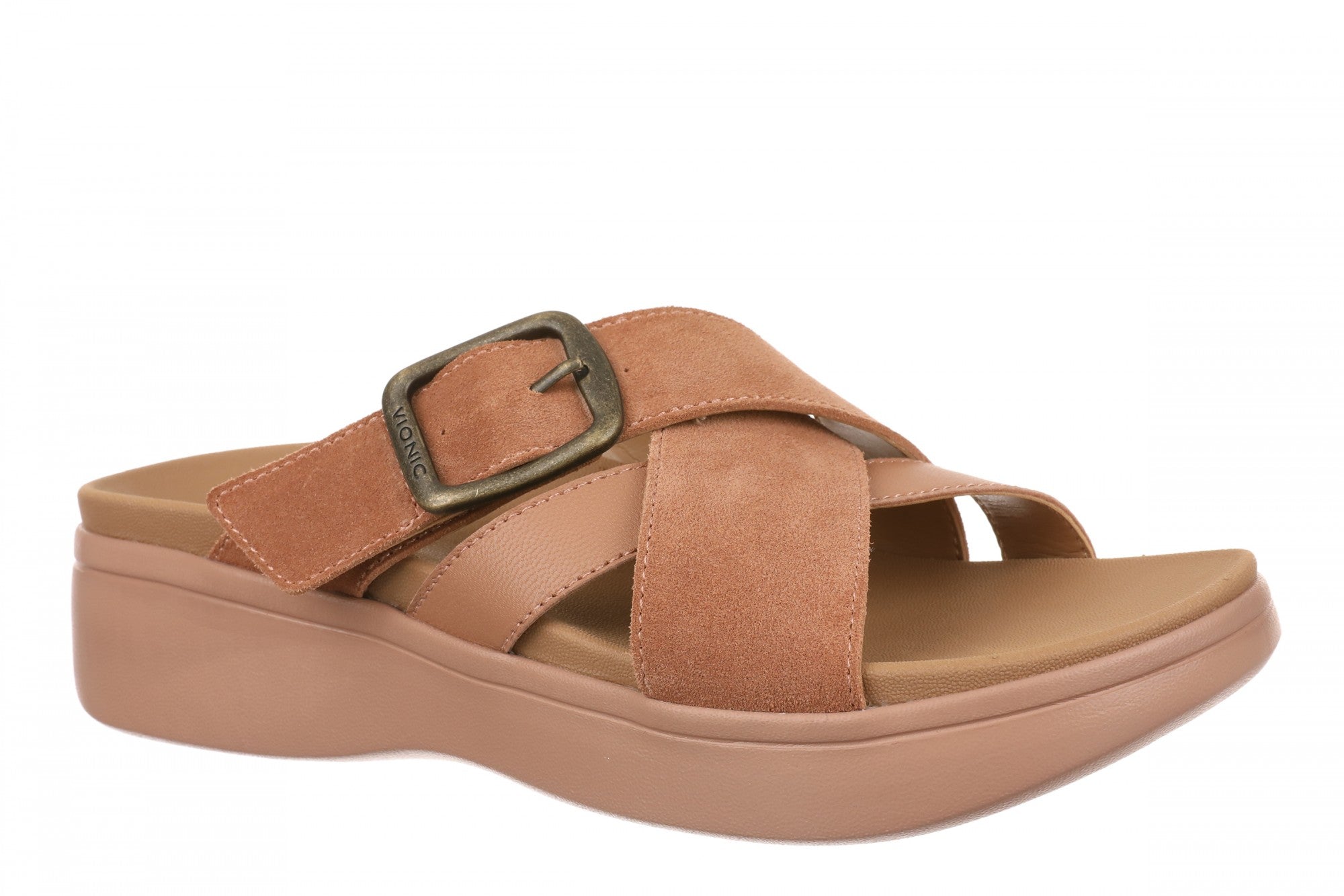 Vionic Starla Women's Orthotic Slide Sandal - Adjustable Buckle Comfort Platform - Mocha Mousse - Angle main