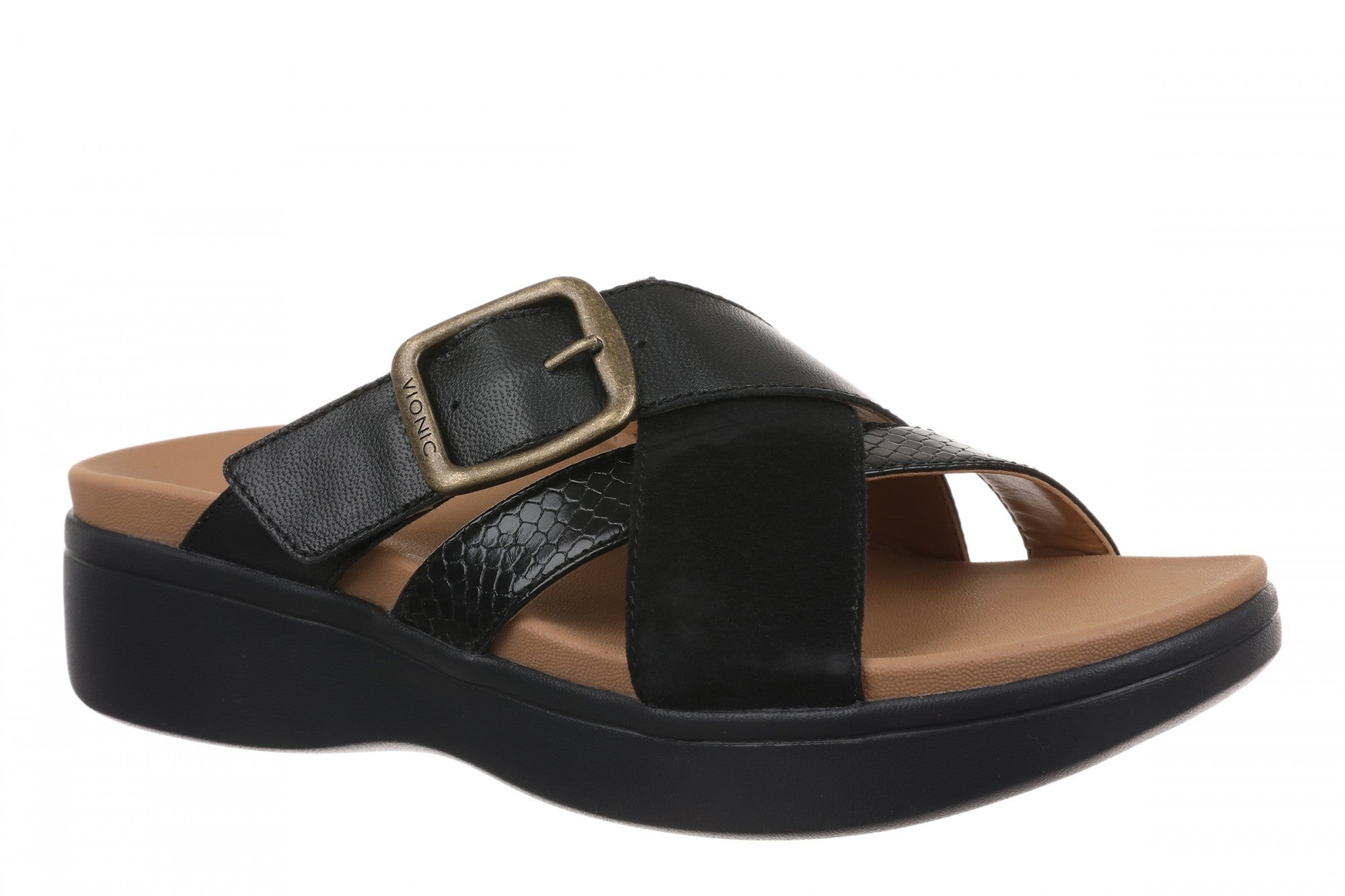 Vionic Starla Women's Orthotic Slide Sandal - Adjustable Buckle Comfort Platform in Black